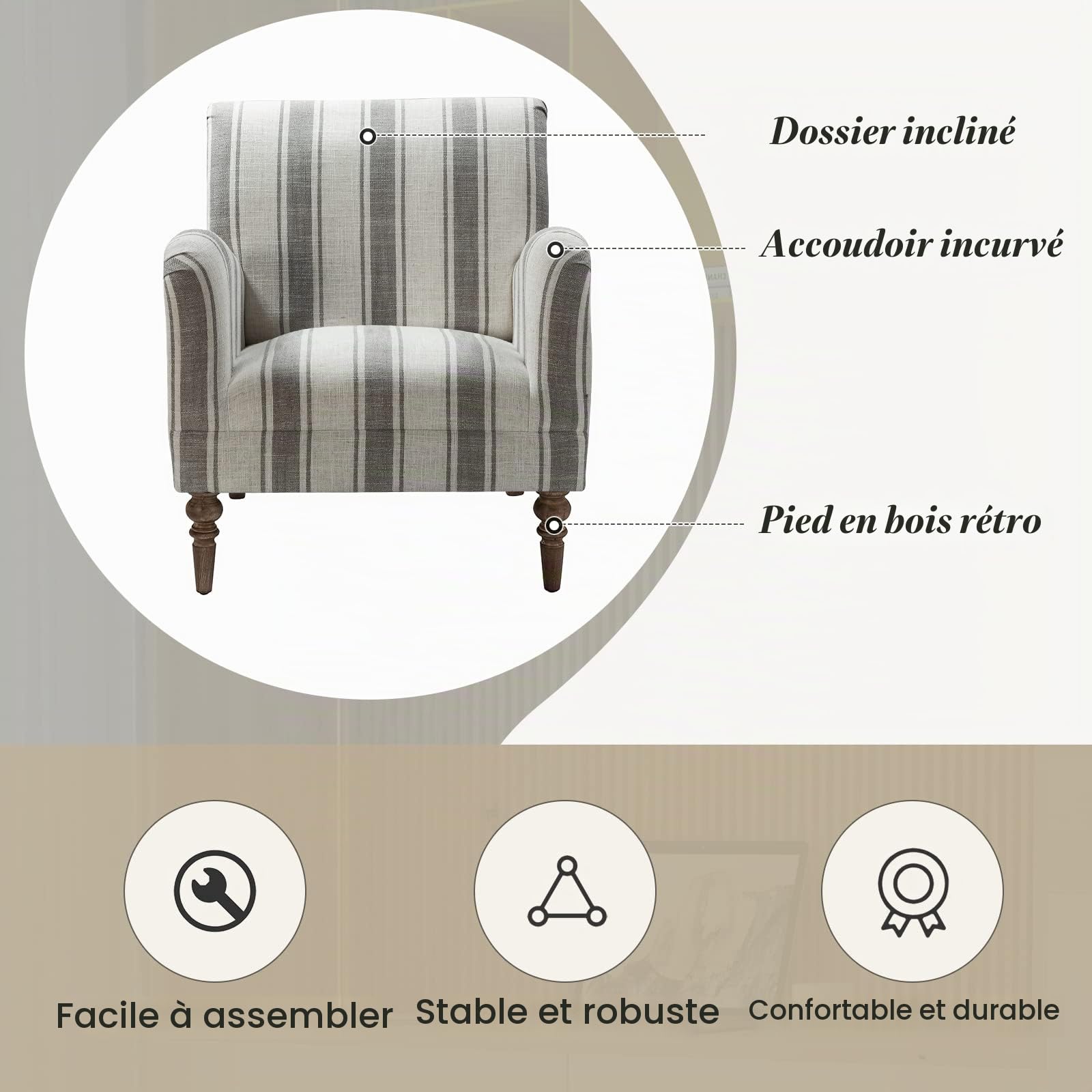 HULALA HOME Fauteuil, Fauteuil, Chaise rembourrée Confortable avec Pieds en Bois Massif, Chaise Longue pour Salon et Chambre à Coucher (Grey)