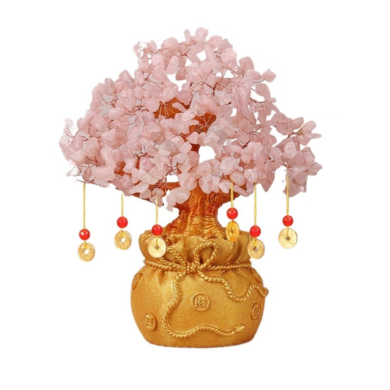 Money Tree Crystal Money Tree Feng Shui Bonsai Blessing Bag Potted Plant for Fortune Good Luck Wealth Prosperity and Success Citrine Gemstone Crystal Tree(Pink)