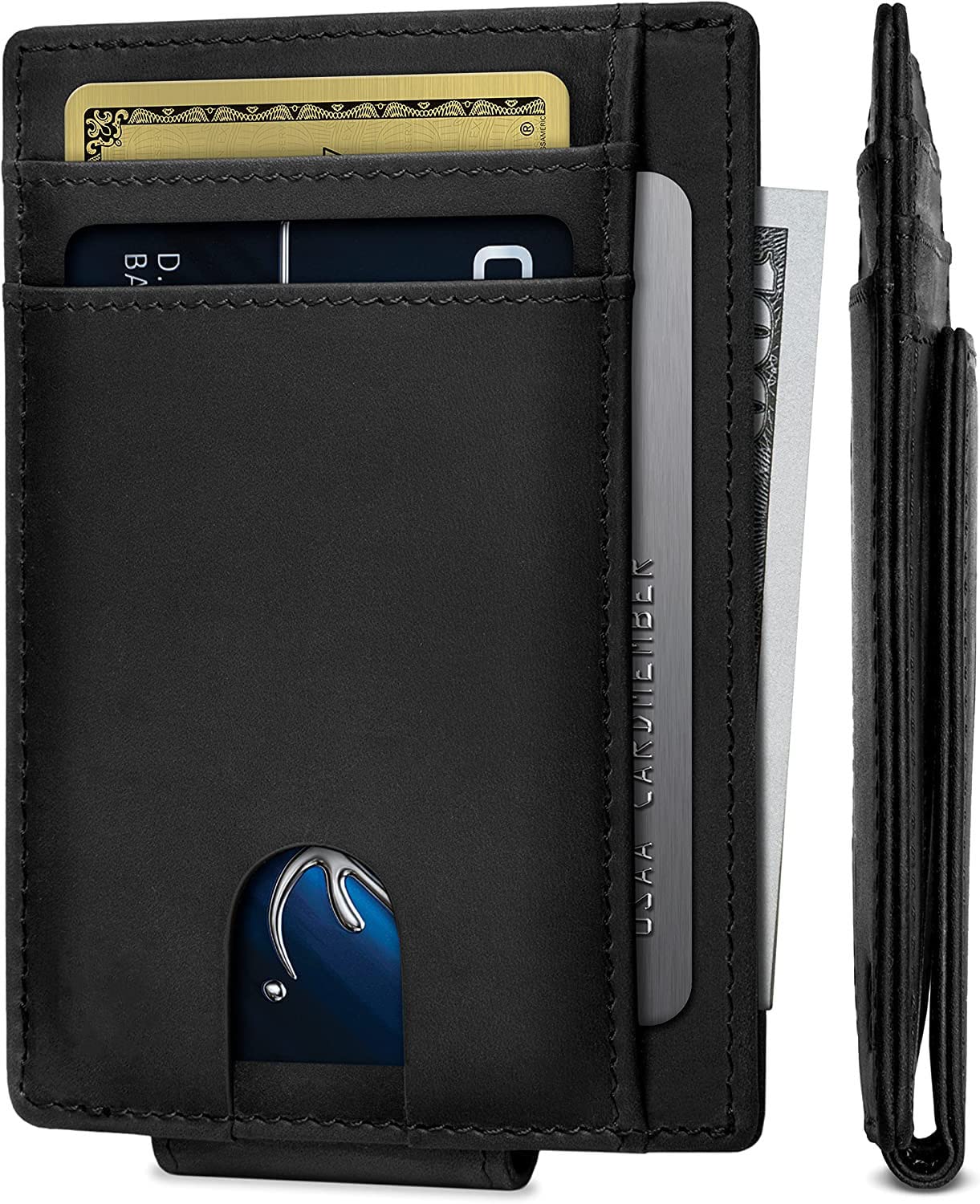 Contacts Front Pocket Wallet with Mag-netic Money Clip Minimalist RFID Genuine Leather Wallets for Men Slim Credit Card Card Holder | 8 to 10 Card Slots (Black)