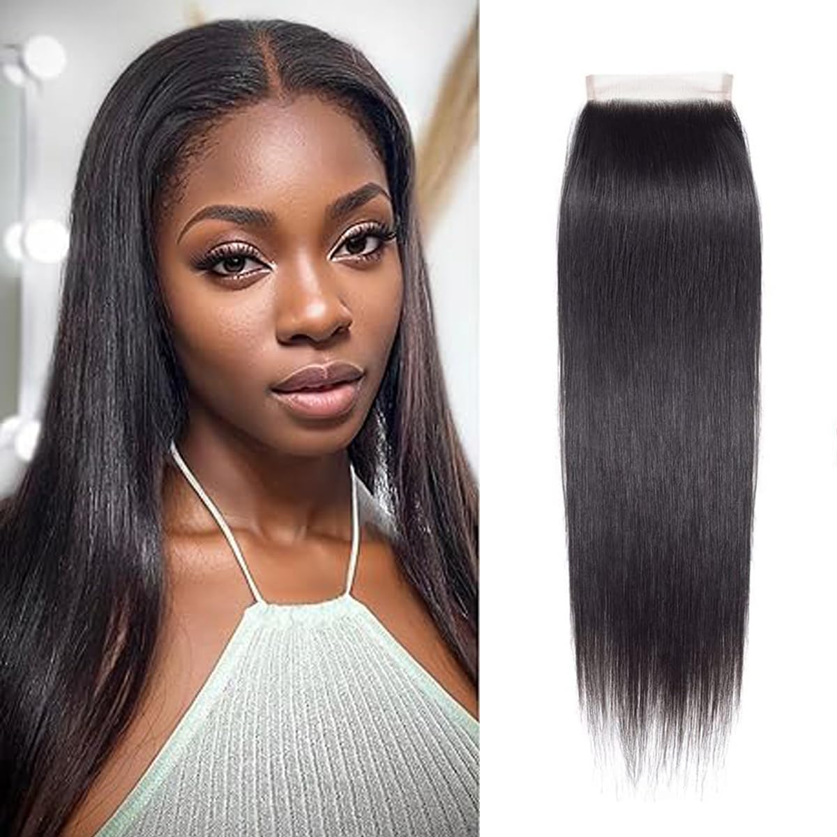 Lace Closure Human Hair Straight 16 Inch 4×4 Lace Closure Hair Extensions for Black Women Pre Plucked Natural Black 180% Density (4 x 4 Straight, 16 inch)