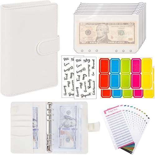 Miniatura 5 de Carpeta de presupuesto, organizador de dinero en efectivo, sobres de cuero A6, carpeta de presupuesto con sobres con cremallera (blanco)