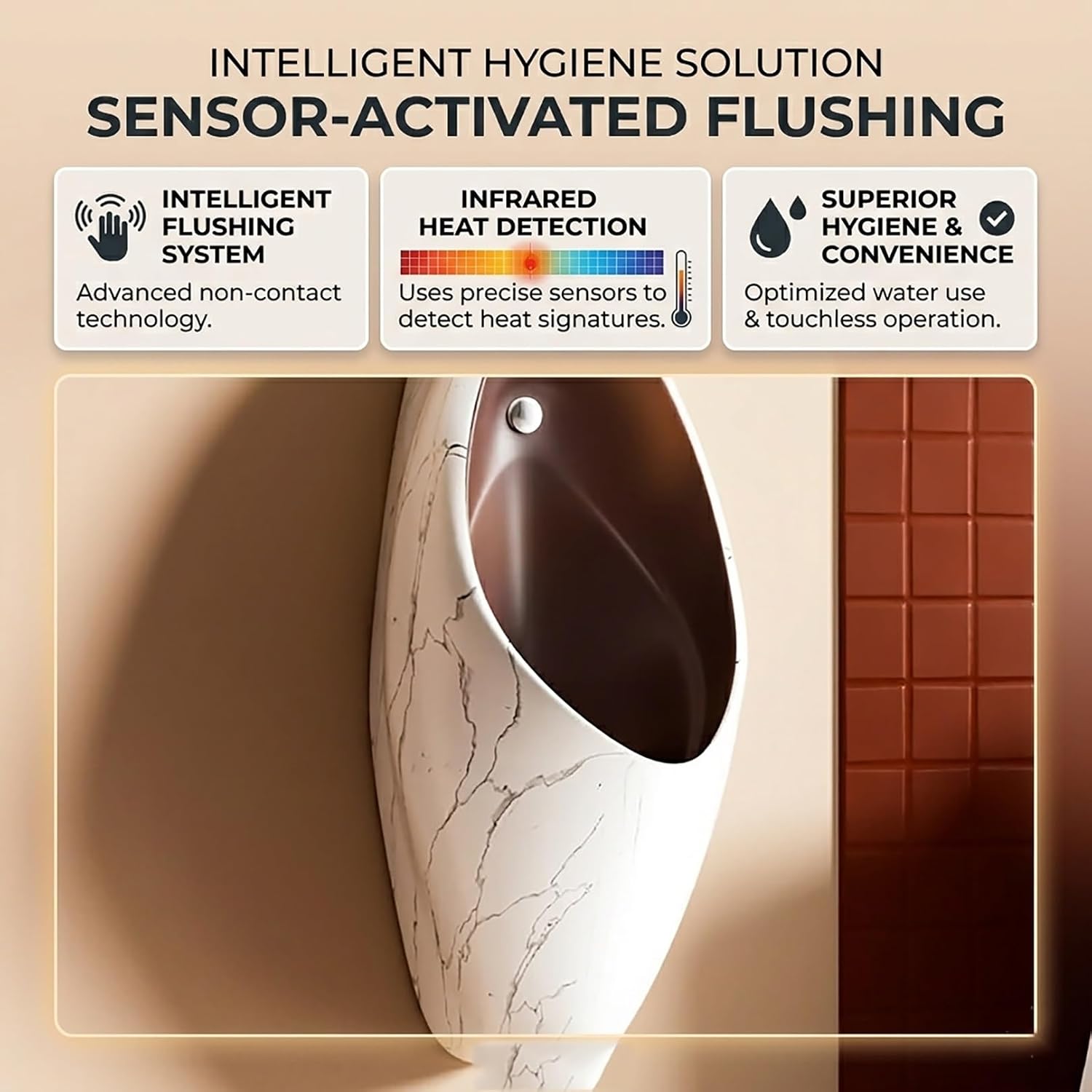 Smart Automatic Urinal for Men, Wall Mounted Ceramic Urinal with Intelligent Infrared Sensor, Modern Male Urinal Toilet for Home Bathroom, Hotel and Commercial Use(Black)