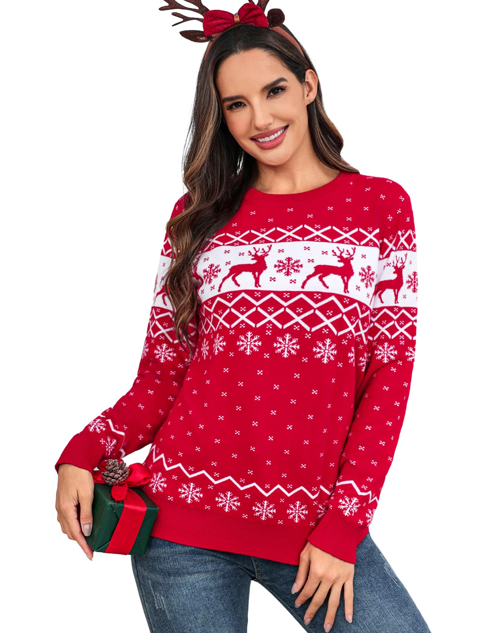Aottori Weihnachtspullover Damen Herren Rundhals Rentier Muster