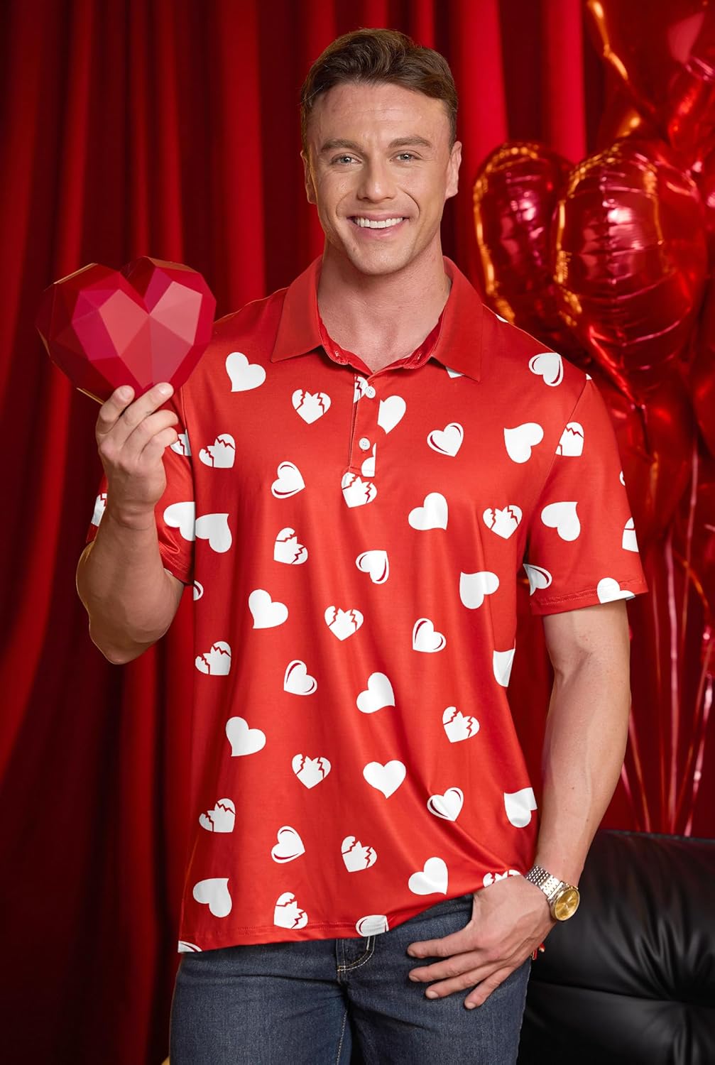 Arvilhill Men Valentine's Day Polo Heart Kiss Short Sleeve Dress Shirts (S-2XL) - Image 3