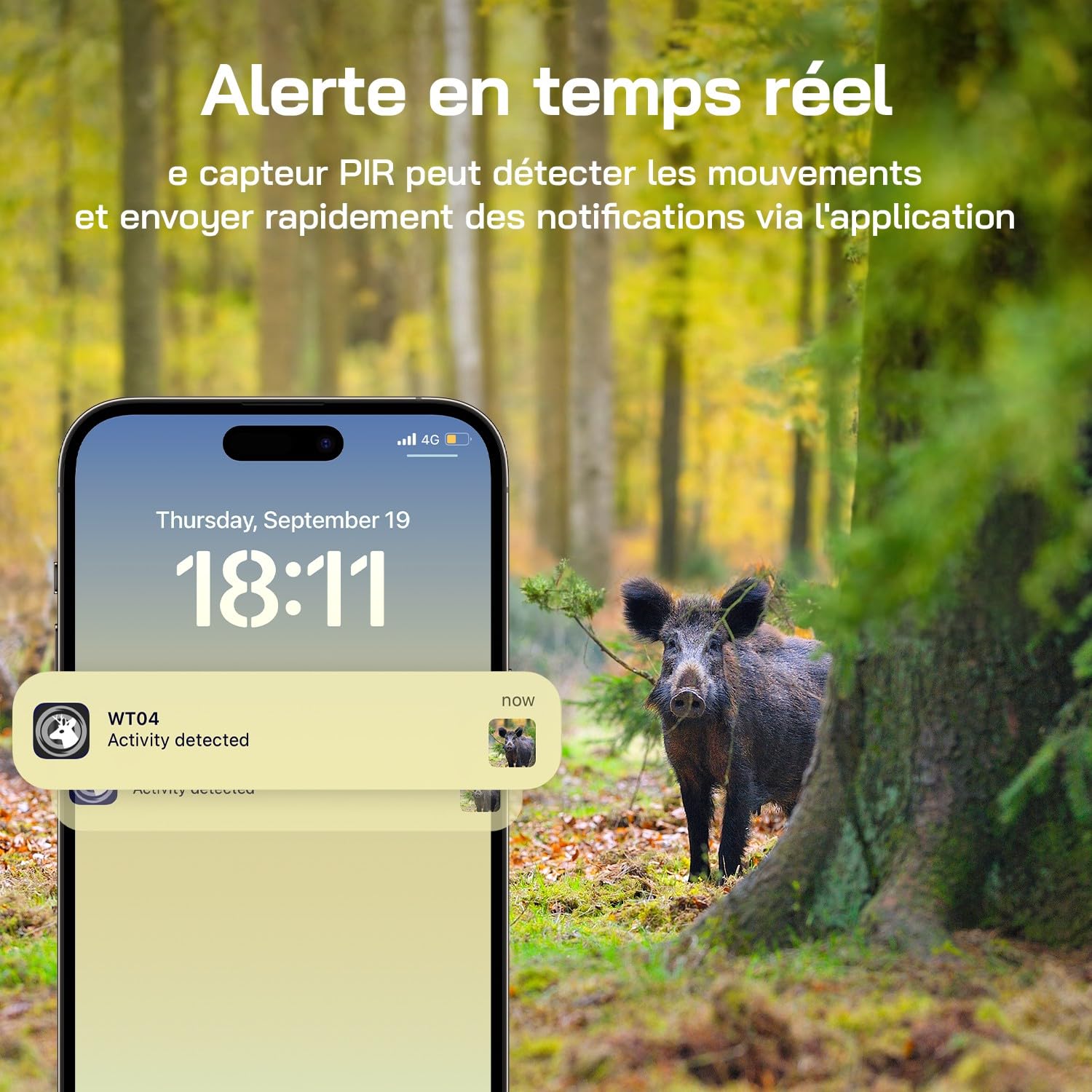 WOLFANG 4G Caméra de Chasse Solaire Extérieure avec Carte SIM, 2.5K Caméra Surveillance sur Batterie avec Détecter l'alarme, Vision Nocturne, IP66 Etanche, Audio Bidirectionnel
