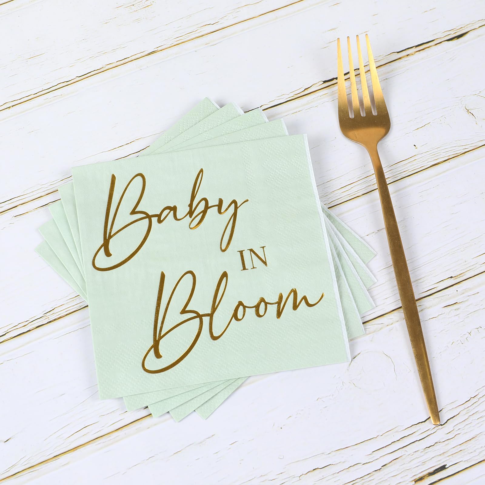 50x Babyparty Servietten 'Oh Baby!' – Salbeigrün Mit Gold, 16,5x16,5 Cm, 2-lagig, Einweg-Papierservietten