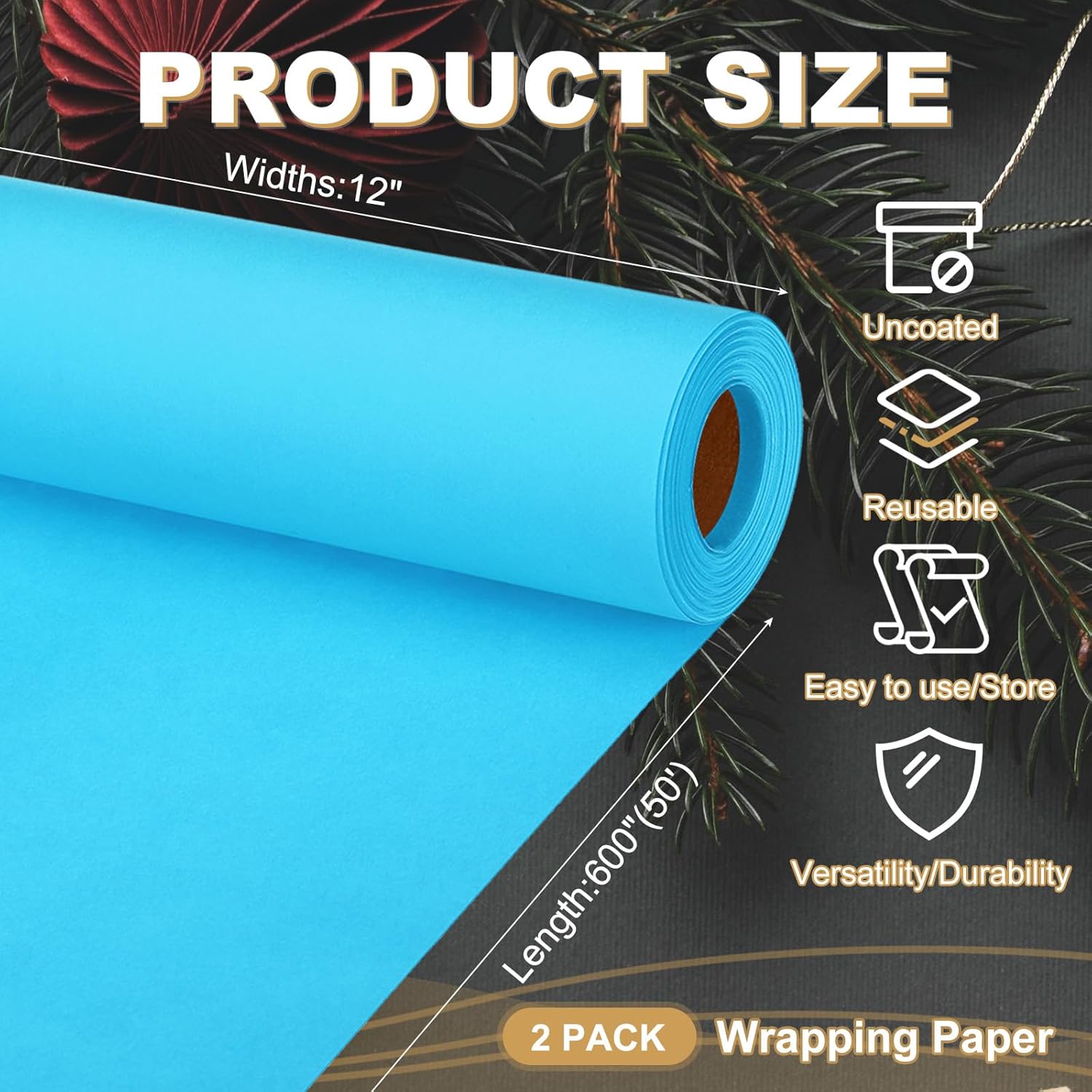 PATIKIL Wrapping Paper, 2 Pack 12"x600"(50') Bulletin Board Paper Roll Kraft Paper Roll Construction 80GSM for Shipping Packing Gift Wrapping Craft Flower Bouquet Christmas, Light Blue