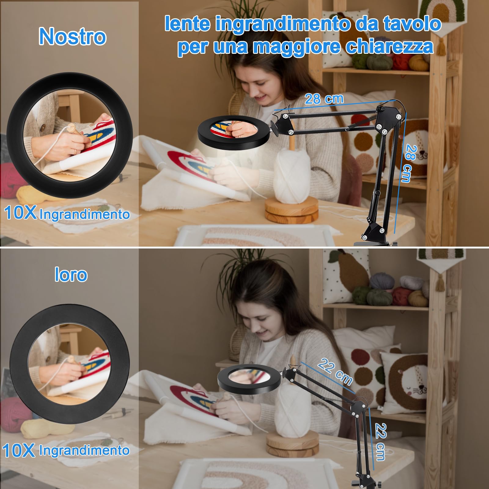 Lupa con Luz y Soporte, 10X Lupa LED con Lente de Vidrio, Lámpara Lupa con Pinza de Mesa, 3 Modos de Color 10 Niveles de Brillo, para Reparaciones, Lectura, Manualidades, Diamond Painting