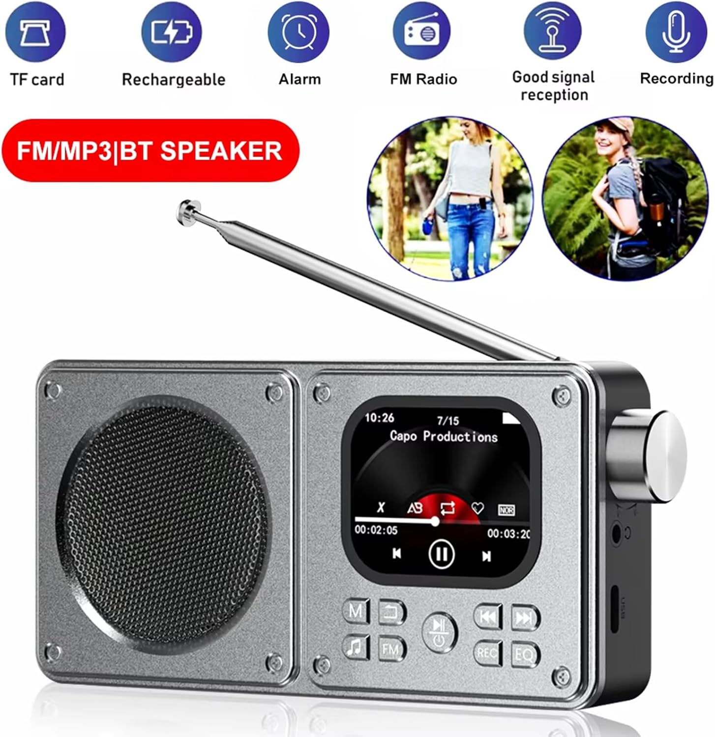GOWENIC Portable FM Radio with Bluetooth Speaker MP3 Player with Headphone Port, 2.01 Inch Display, Rechargeable Battery Recorder