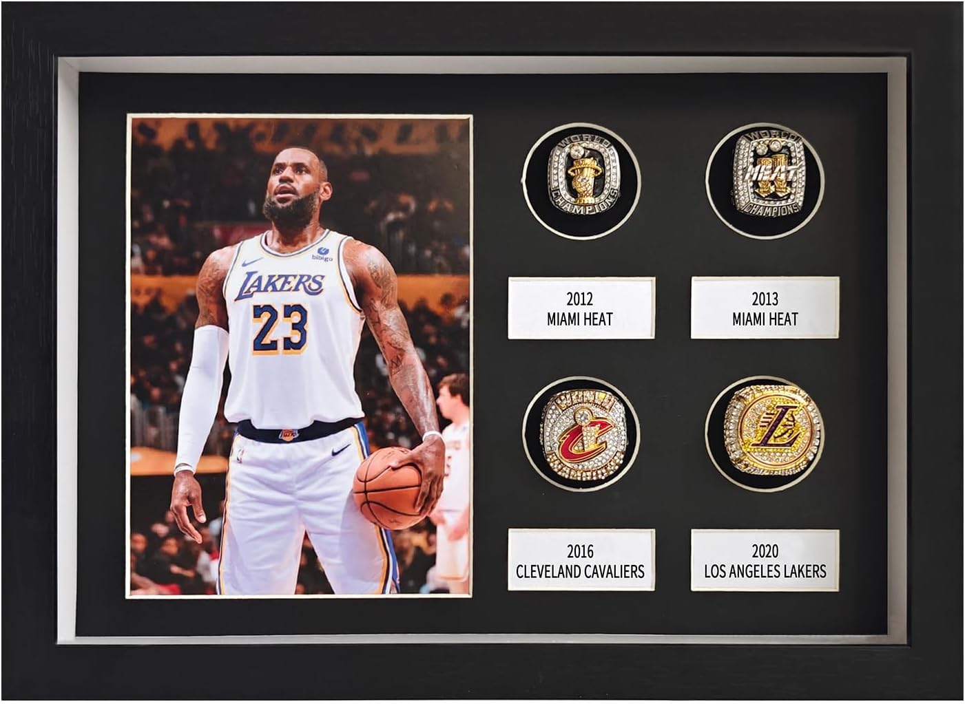 Championship Ring Display Case,4 Ring Posts Sports Ring Display Case Wooden Shadow Box with a Real Glass Panel,witha5x7”Photo Frame,for Baseball Basketball Football Softball Award Rings Fan Souvenirs