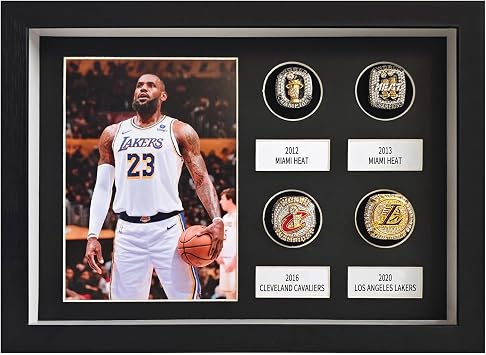 Championship Ring Display Case,4 Ring Posts Sports Ring Display Case Wooden Shadow Box with a Real Glass Panel,witha5x7Photo Frame,for Baseball Basketball Football Softball Award Rings Fan Souvenirs