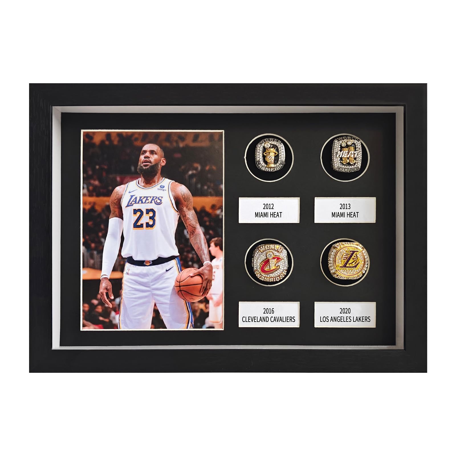 Championship Ring Display Case,4 Ring Posts Sports Ring Display Case Wooden Shadow Box With a real glass panel,witha5x7”photo frame,for Baseball Basketball Football Softball Award Rings Fan Souvenirs