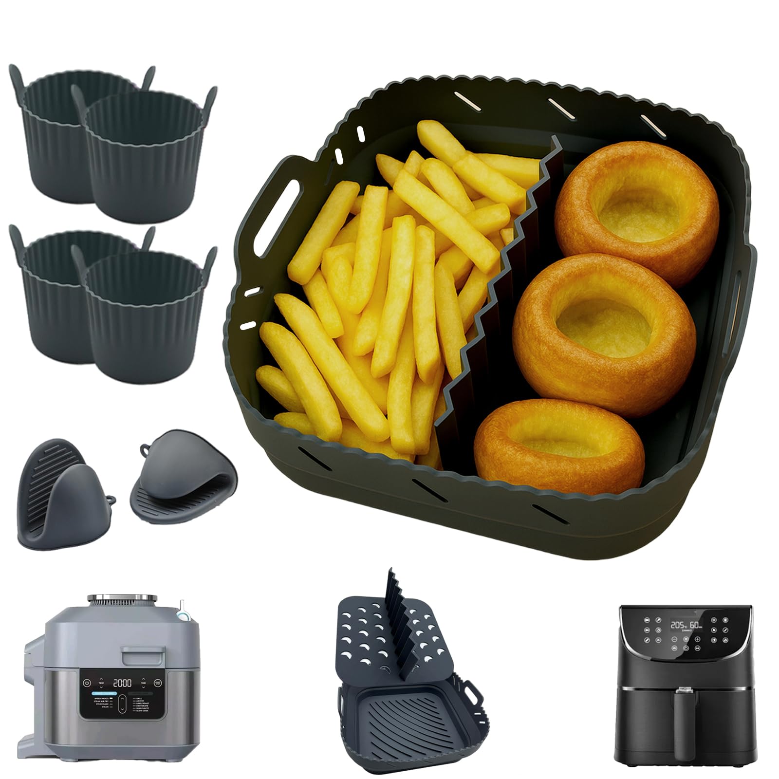 Silicone Air Fryer Liner Set with Divider by Magla, Compatible with Cosori 5.5L, Ninja Crispi Air Fryer, Ninja Speedi 5.7L, Tefal 6.5L etc., Air Fryer Accessories, with 4 Ramekins and 2 Mitts