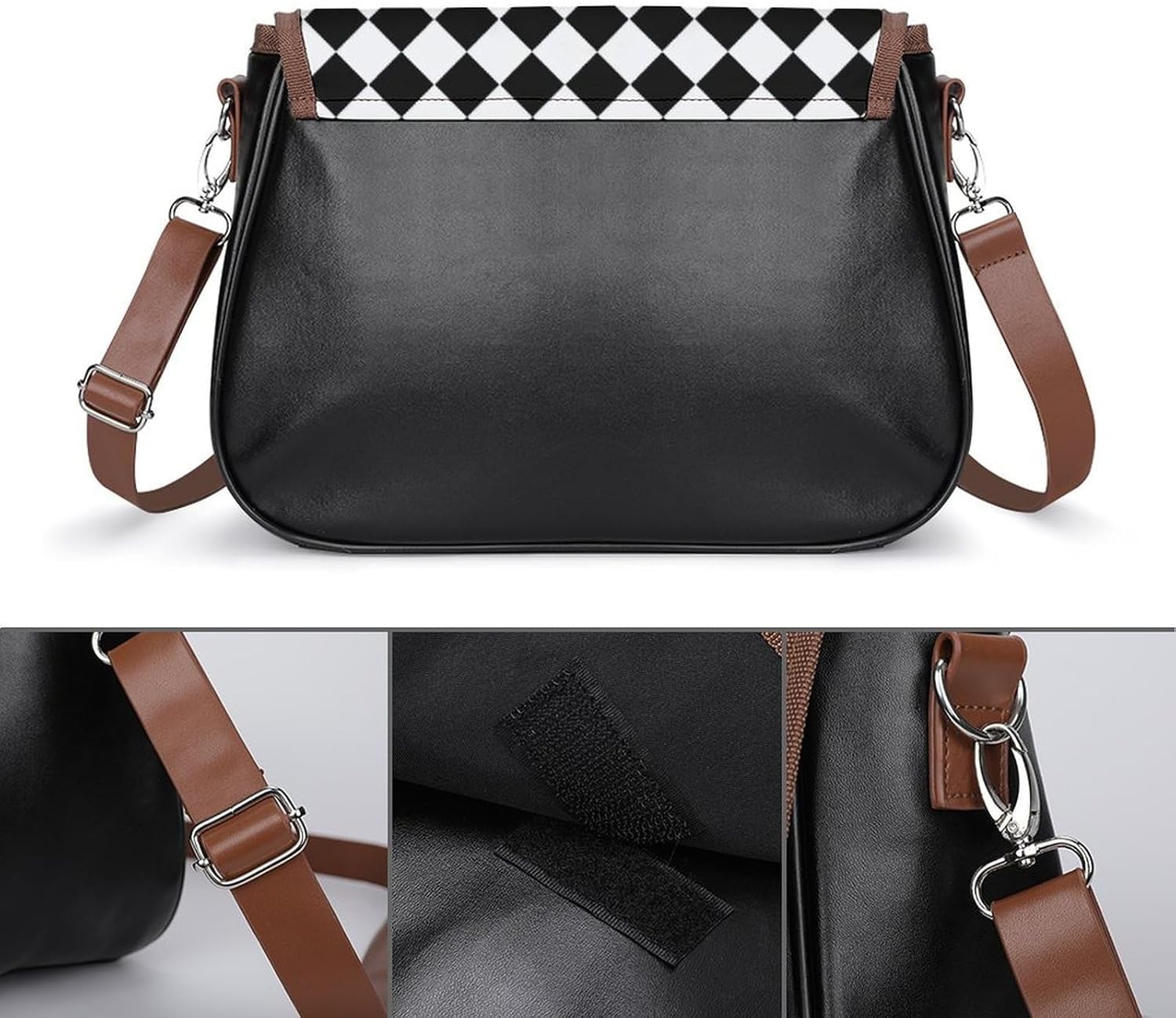 Black And White Diamond PatternWomen's Faux Leather Crossbody Bag, Waterproof Wrinkle-Resistant Shoulder Bag with Detachable Strap, Large Capacity Casual Handbag, Fashion Daily Purse for Shopping Work