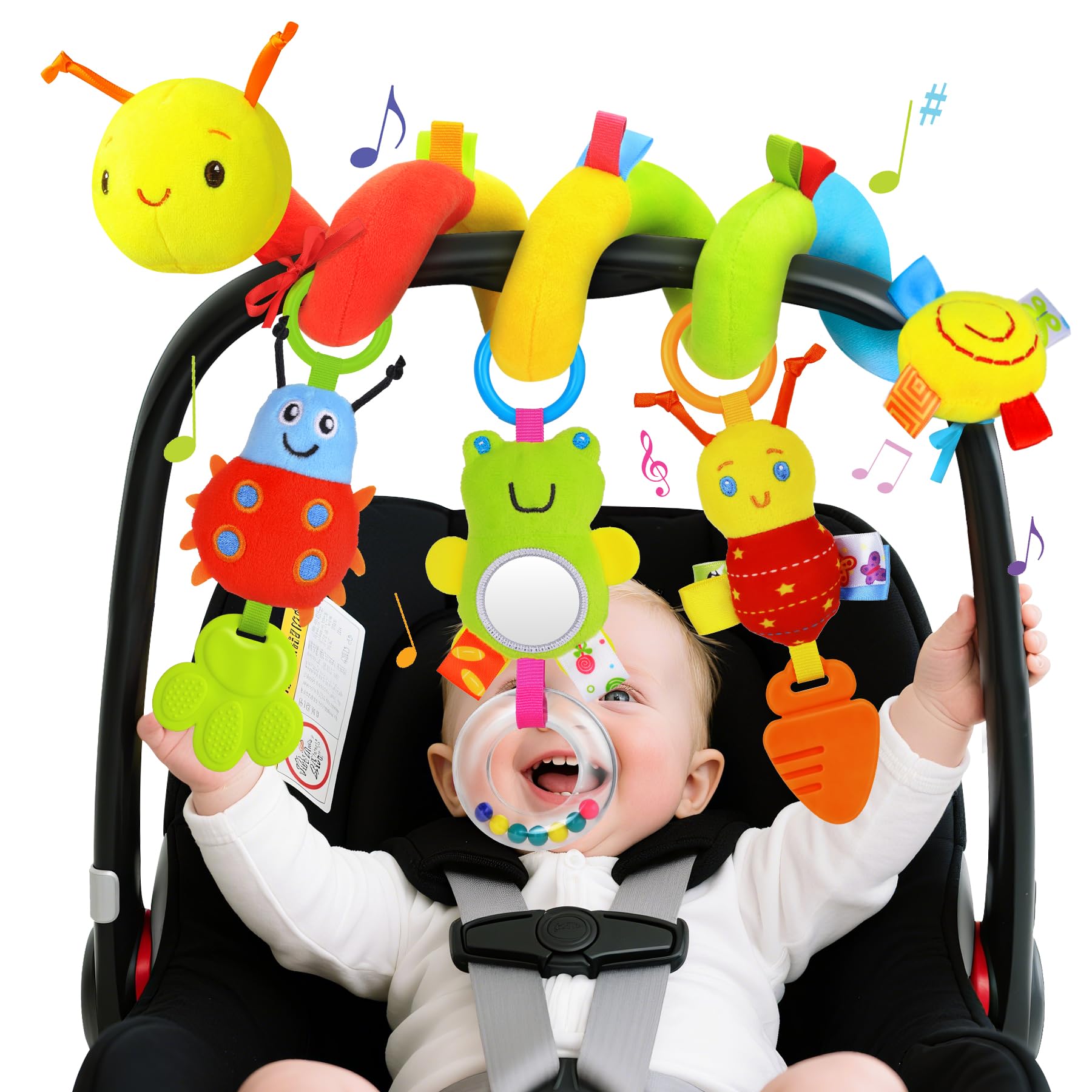 YELUFT Spiral Pram Toys for Babies - Wrap Around Pushchair Stroller Car Seat Toys for 0 3 6 9 12 Month Plush Activity Rattle Hanging Toy Sensory Gift for Newborn Infant Baby — view 9