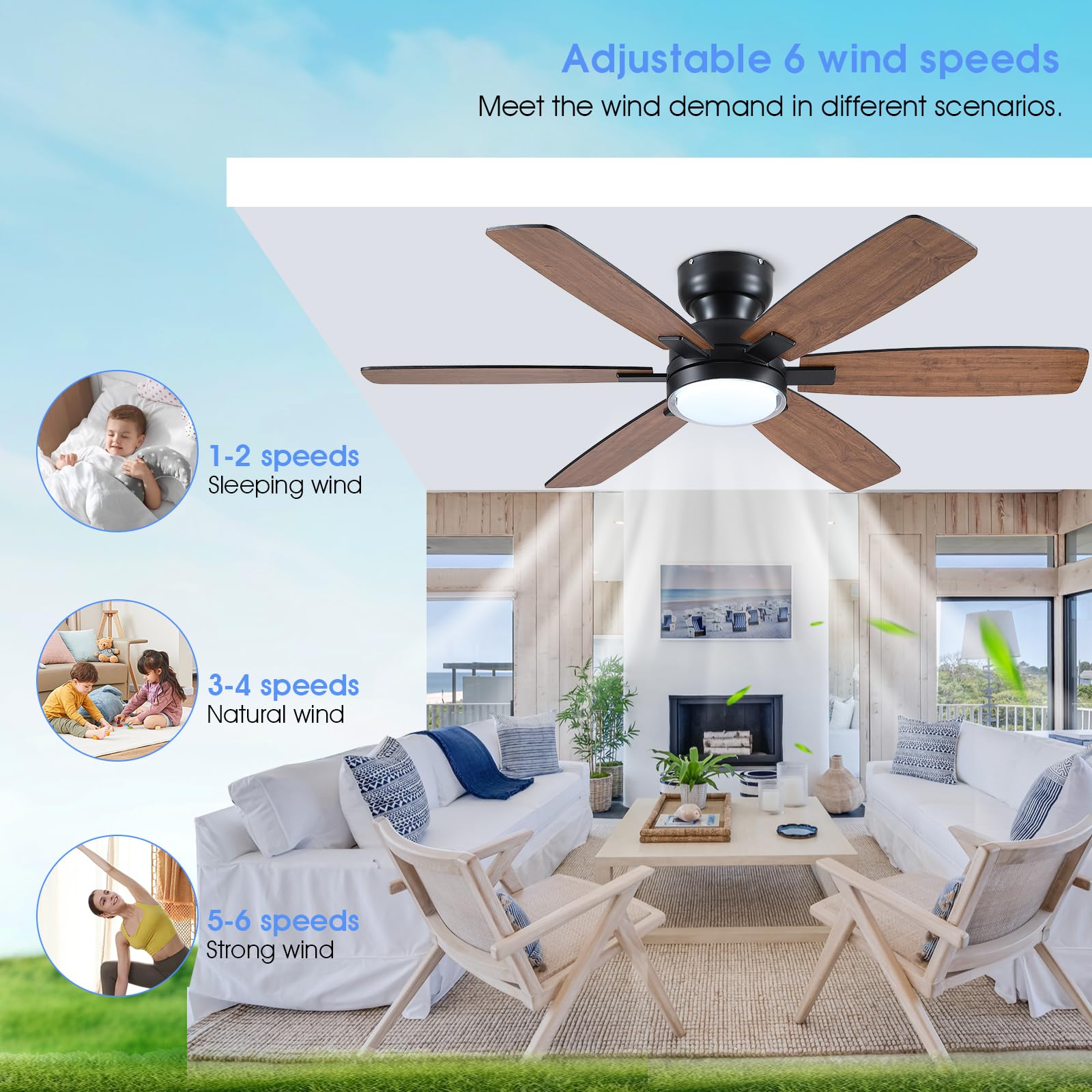 Kviflon Ventilador de techo rústico 132 cm con luz, montaje empotrado bajo, control remoto y APP, 6 aspas reversibles dobles, luz LED regulable 3 CCT para salón y estilo granja, marrón