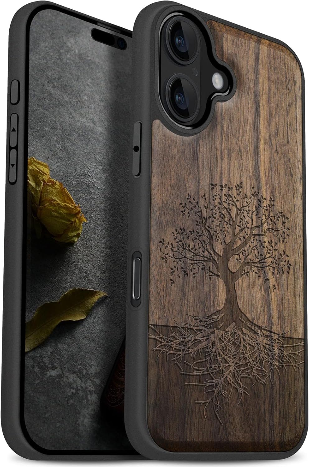 Carveit Magnetic Wooden Case for iPhone 17 Case, Wood Artisan Engraved & Black Soft TPU Shockproof Cover, Compatible with MagSafe Wireless Chargers (The Yin Yang Tree) Walnut