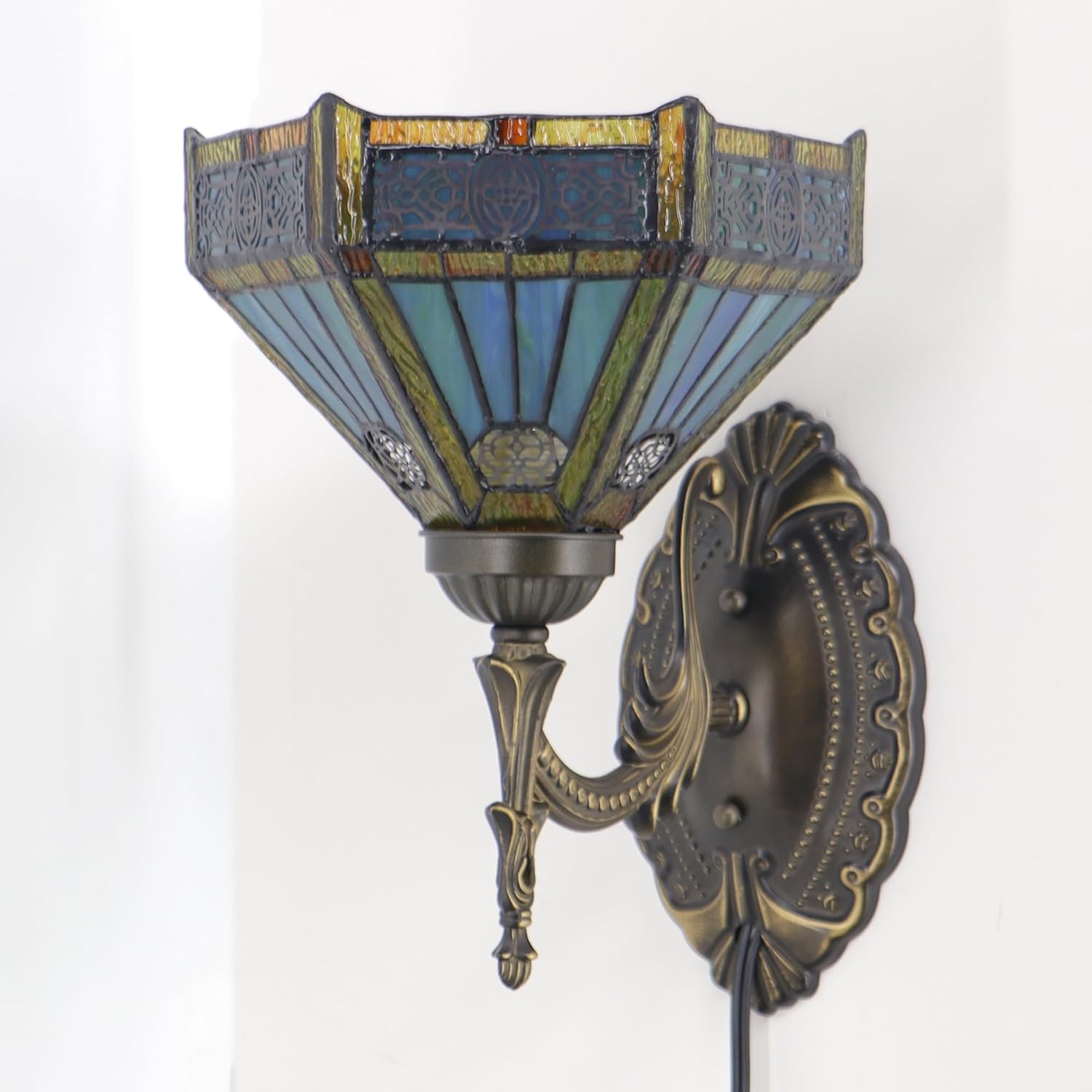 Tiffany Wall Sconce Lamp Plug in with 8 inch Stained Glass Lampshade 8X10.5X11 Inch Stained Glass Wall Lamp (Hexagon Mission Style)