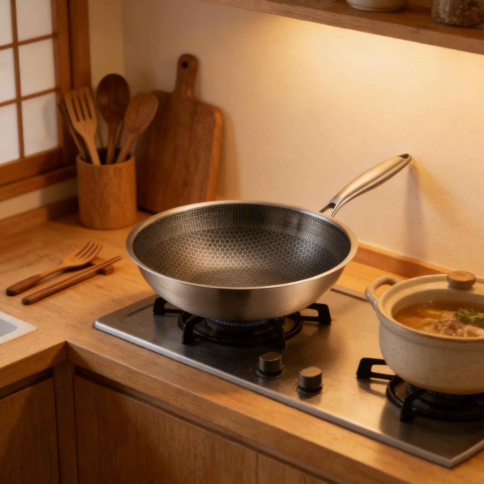 Padella Wok in Acciaio Inossidabile con Rivestimento Antiadherente a Nido D'ape, Distribuzione Uniforme del Calore, Manico Ergonomico, Adatta a Fornelli a Gas e Induzione