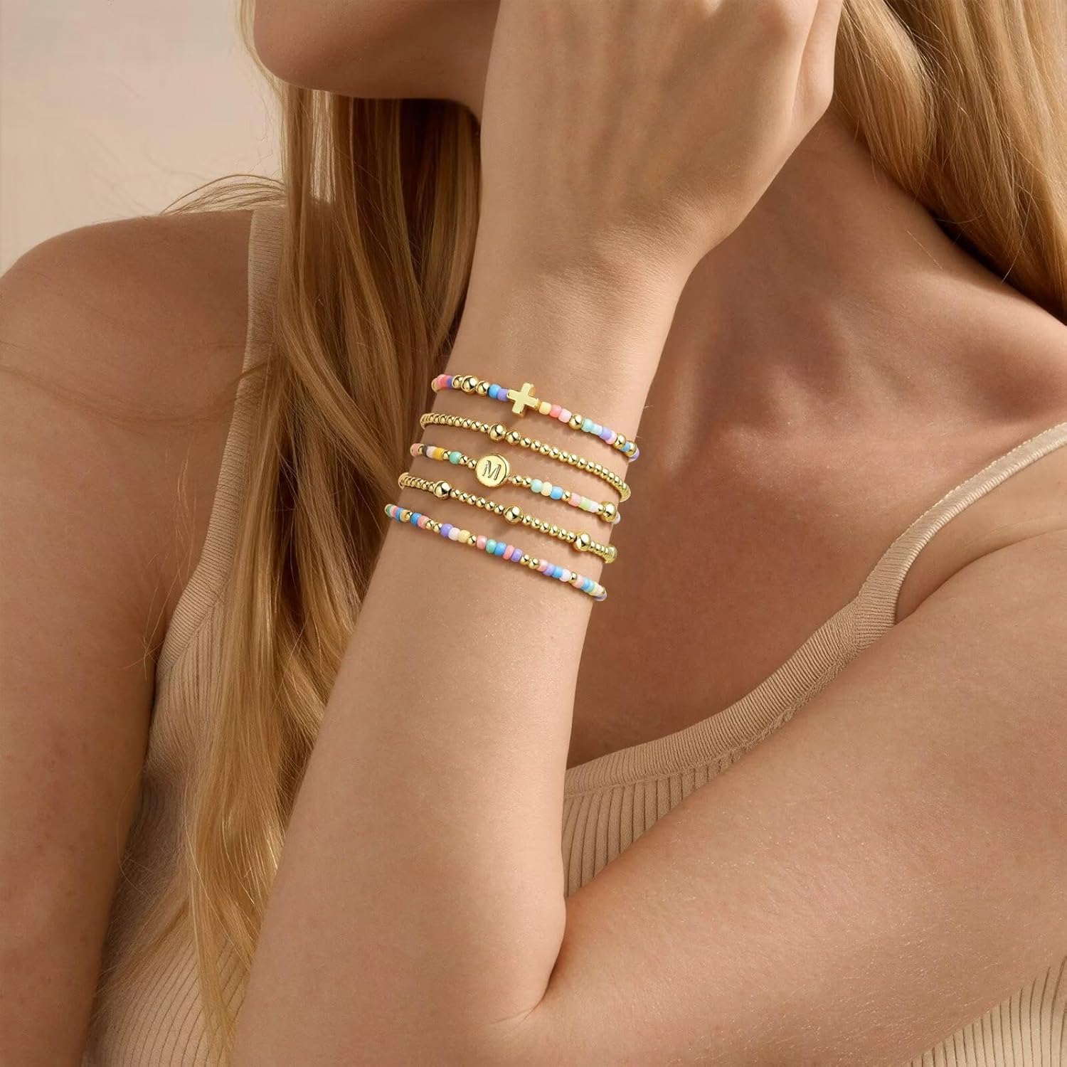 M MOOHAM Valentines Gifts for Kids Her Women - 5PCS Colorful Beaded Bracelets Cross Bracelet Disc Letter A-Z Initial Bracelet Stretch Stackable Bracelet Set for Women, Birthday Gift Christian Jewelry - Image 4