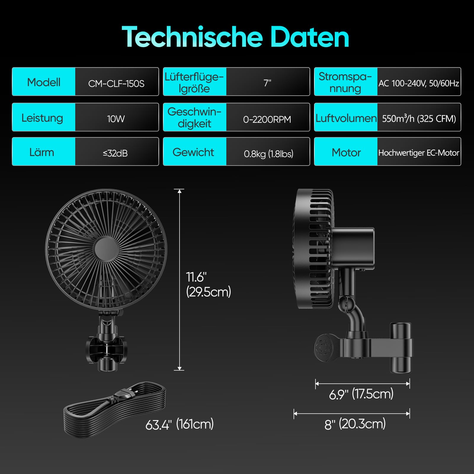 Grow Clip - Ventilatore oscillante da 17,8 cm, con motore EC 10 W e 325 CFM, silenzioso, 32 dB, per tenda, serra, ventilatore per piante con 4 livelli
