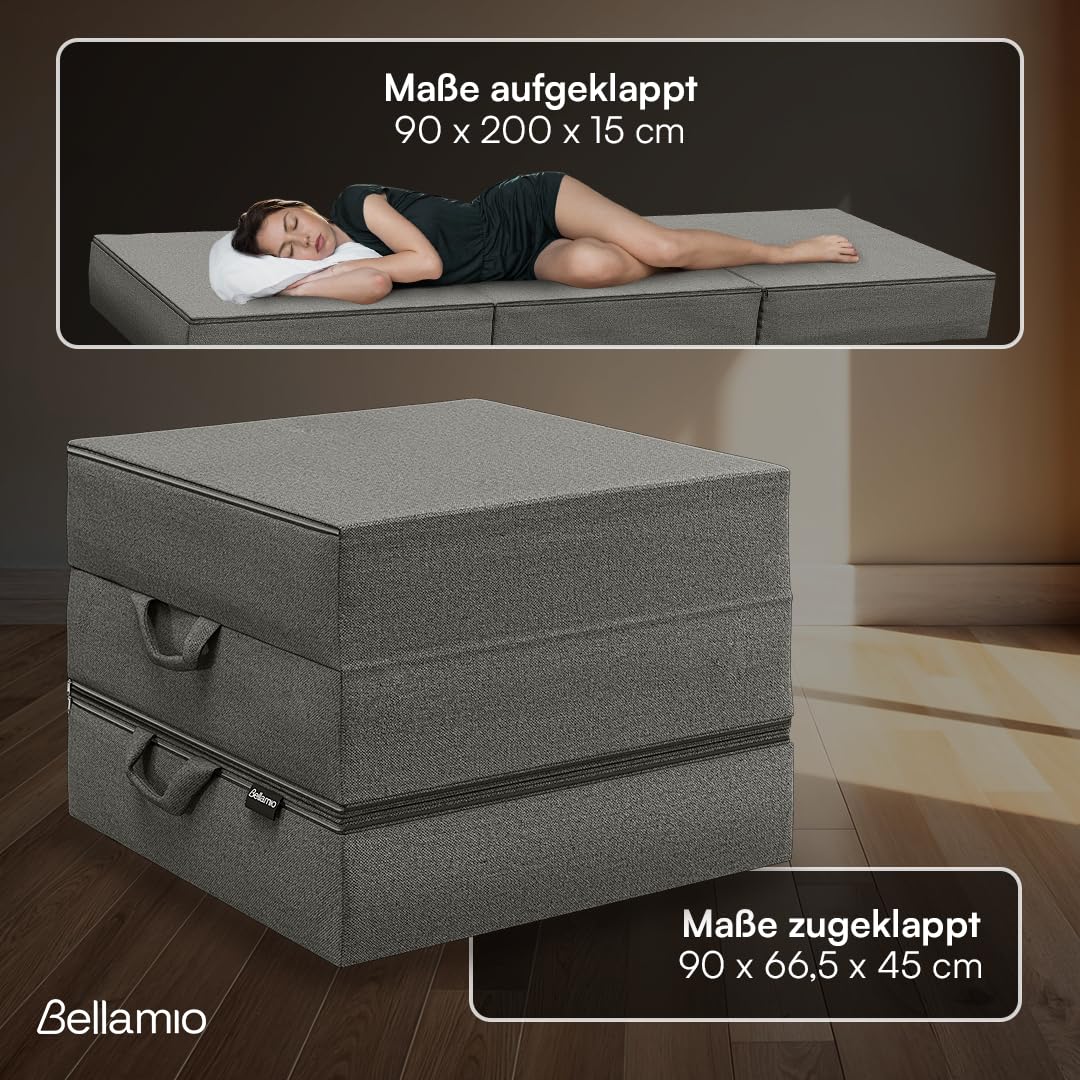Bellamio Lomme Klappmatratze 90x200 cm – Faltmatratze extra dick 15 cm – Gästematratze Dunkelgrau – klappbare Reisematratze mit Tragegriffen – Faltbare Camping Matratze – Bezug abnehmbar & waschbar