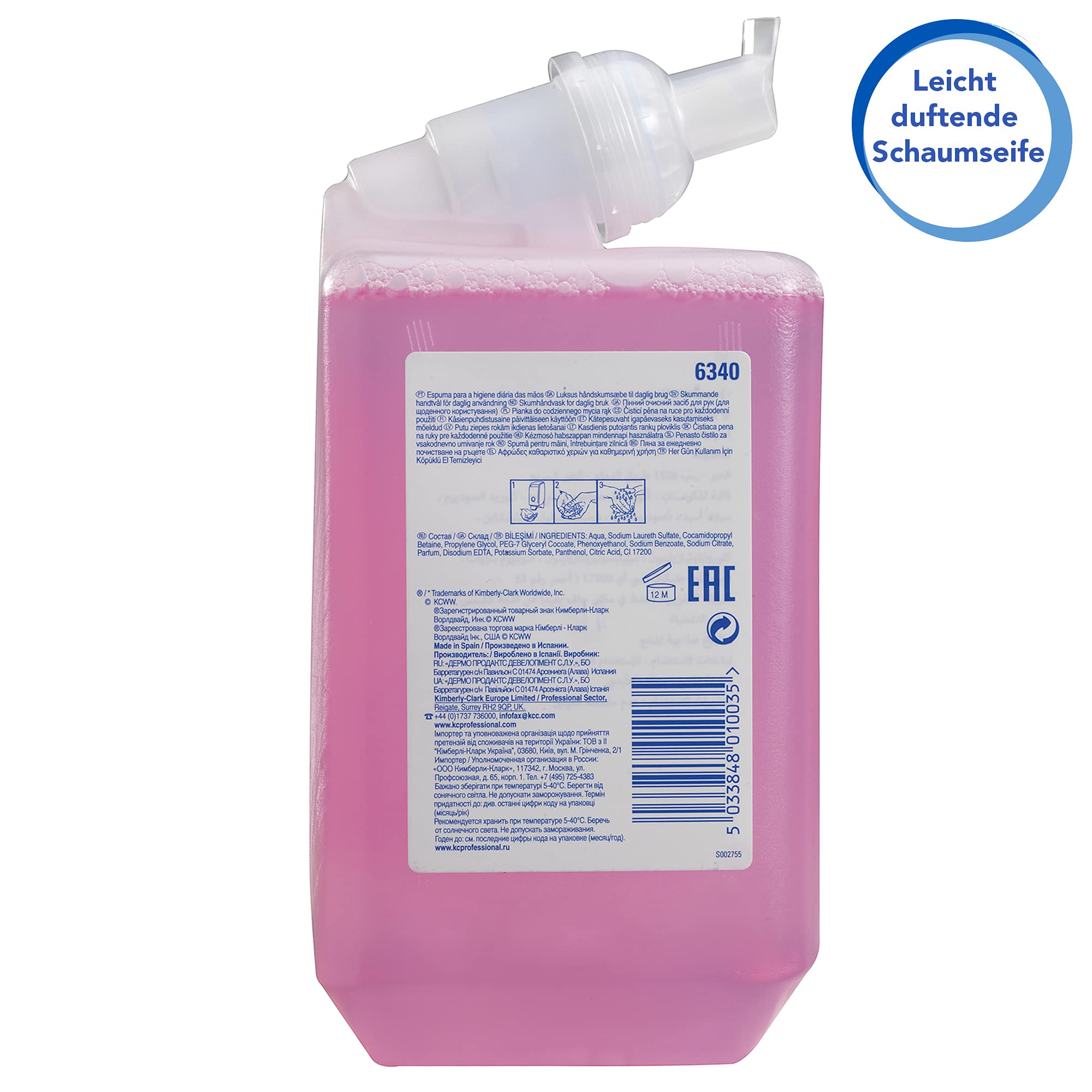 Scott Essential Schaum-Seife, parfümierte Handseife, Kassetten rosafarbener Handreiniger für die tägliche Verwendung und eine gründliche Handreinigung, 6 x 1 Liter, Artikel-Nr. 6340