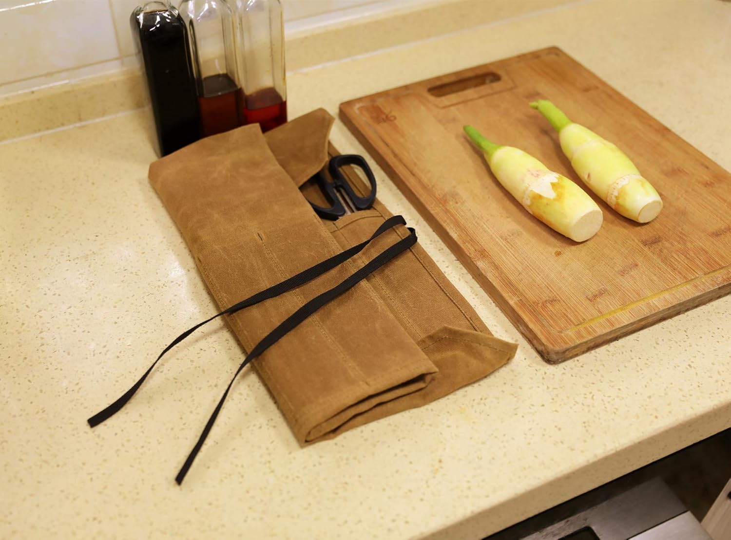 Knife Cases Organizer-Durable Waxed Canvas Construction-7 Pockets-16 oz (Khaki): Home & Kitchen