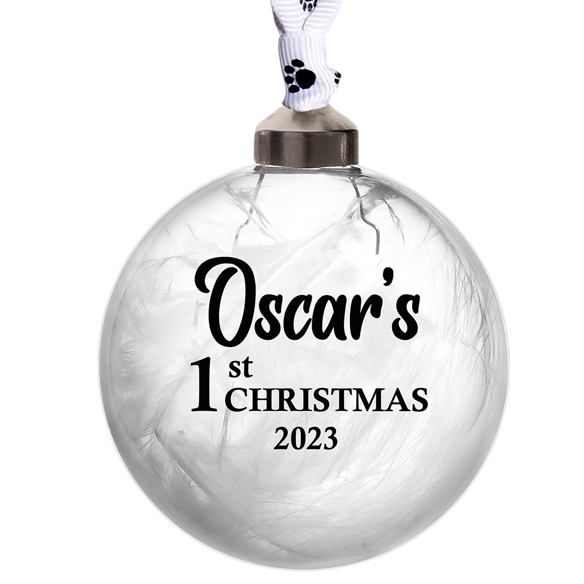 Pet’s First Christmas Personalised Clear Glass Bauble – White Feather Filled Memorial Keepsake with Paw Print Ribbon – 8cm Christmas Tree Decoration – Black UV Printed Text (Paw Print)