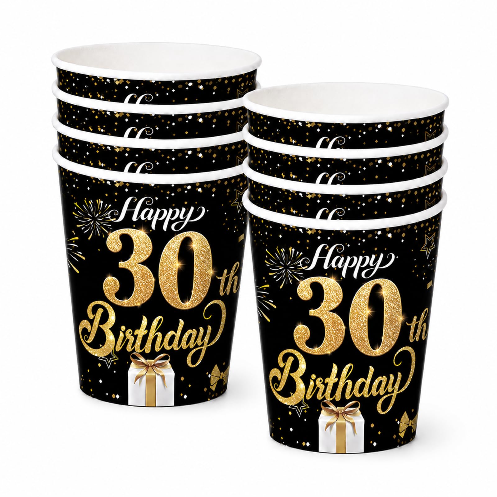 YESAH 30th Black Gold 9 oz Birthday Paper Cups 16 Pack Party Drinkware Set