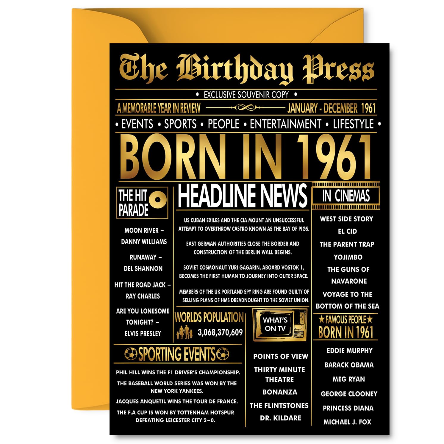 Gold 65th Birthday Card for Men Women - Black & Golden Newspaper Born in 1961 - Happy 65 Birthday Cards for Grandad Neighbour Friend Nanny Brother Sister, 5x7 Inch Bday Greeting Cards