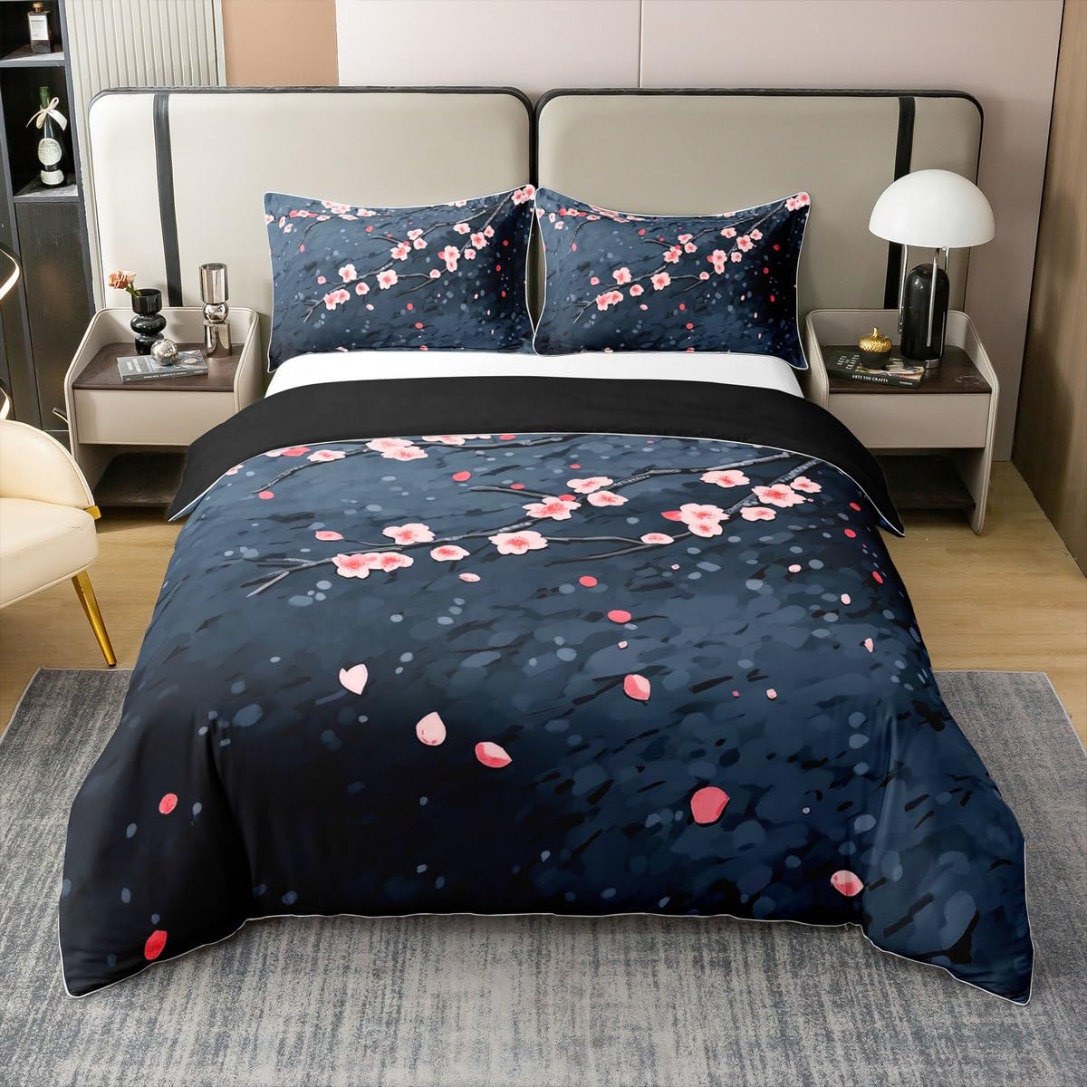 Housse de couette 240x260 coton Sakura japonais bleu marine