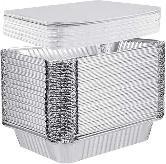 RelianceUK 100 Pack Aluminium Foil Food Containers with Lids Reusable & Disposable Storage Takeaway Tin Trays for Freezing, and Storing (No 2 (14 X 11.5 X 4 cm))