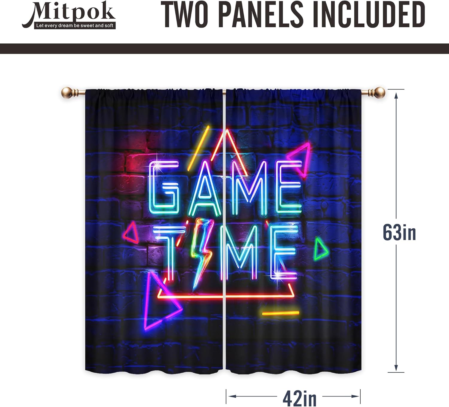 Kids Neon Gaming Curtains for Boys Bedroom 42Wx63H Inch Rod Pocket Gamer Video Game Time Cool Modern Geometric Rustic Brick Wall Child 2 Panel Window Treatment Set for Playroom Room Decor - Image 5