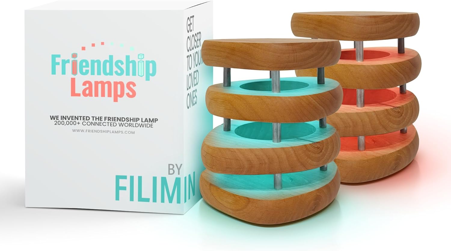 Friendship Lamp® by Filimin Mid-Century Knotty Alder Wood Design - Wi-Fi Touch Lamp LED Light for Long-Distance, Connection, Relationship, Gift, 200+ Colors, App Setup - Set of 2