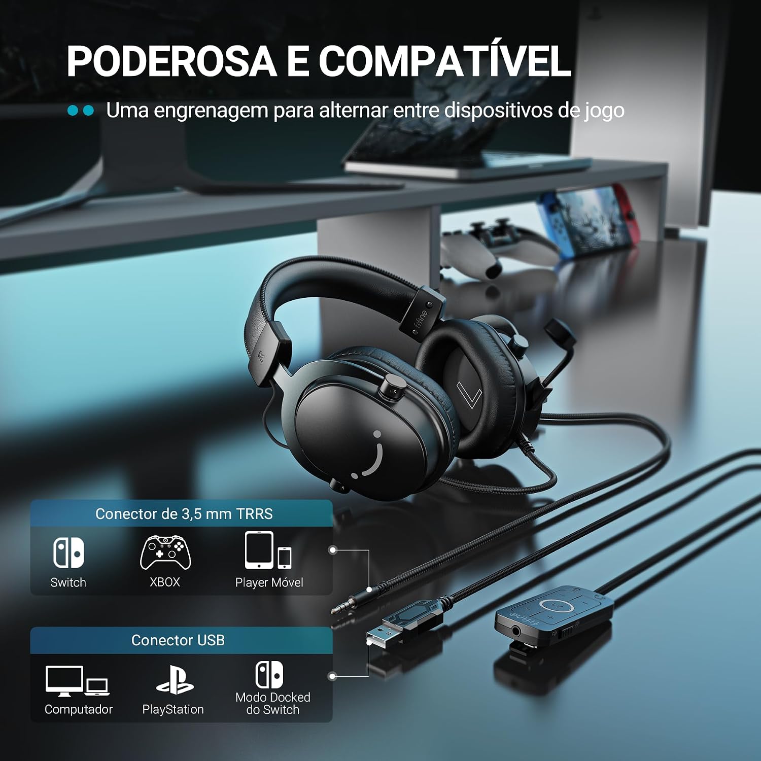FIFNE Fone de ouvido para jogos de PC, fone de ouvido USB com som surround 7.1, microfone removível, caixa de controle, conector de 3,5 mm,com fio sobre a orelha para PS5/Xbox/Switch-H9 preto