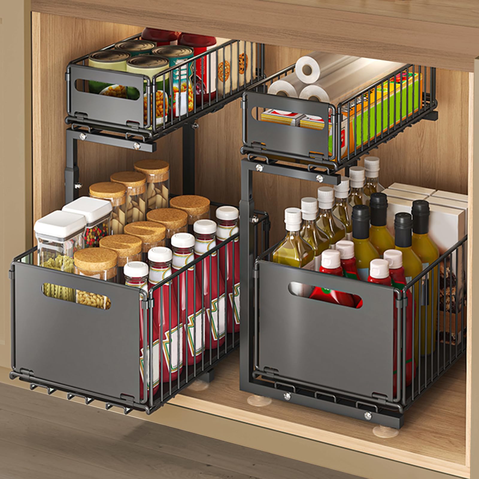 Supfine - Organizador bajo fregadero de 2 niveles con cajones deslizantes, acero al carbono, altura ajustable, almacenamiento bajo fregadero, para cocina, oficina, baño (2, negro)