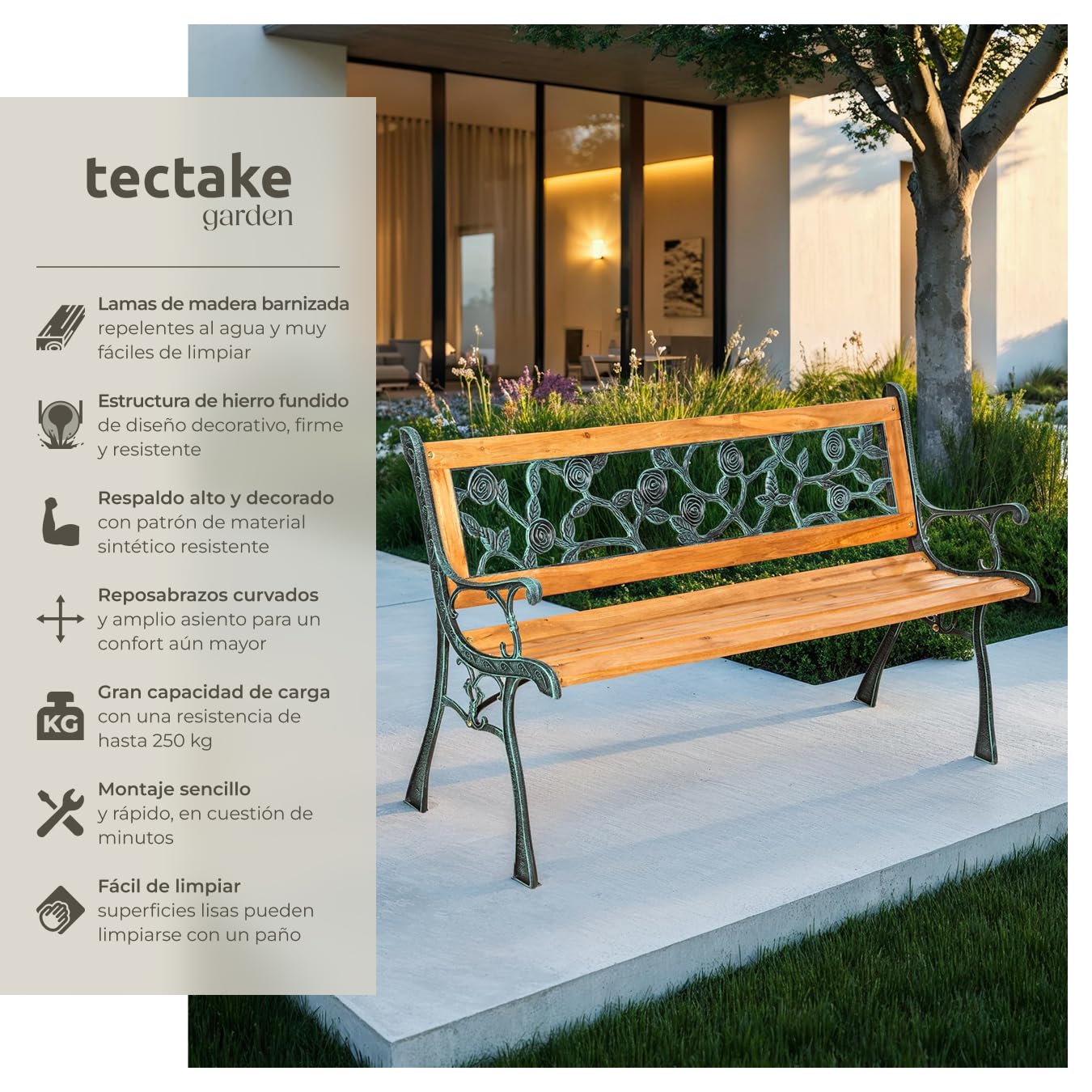 tectake® Banco de Jardín Exterior, Madera Lacada y Hierro Fundido, Diseño Elegante, Resistente y Estable, Patio y Terraza - Floral