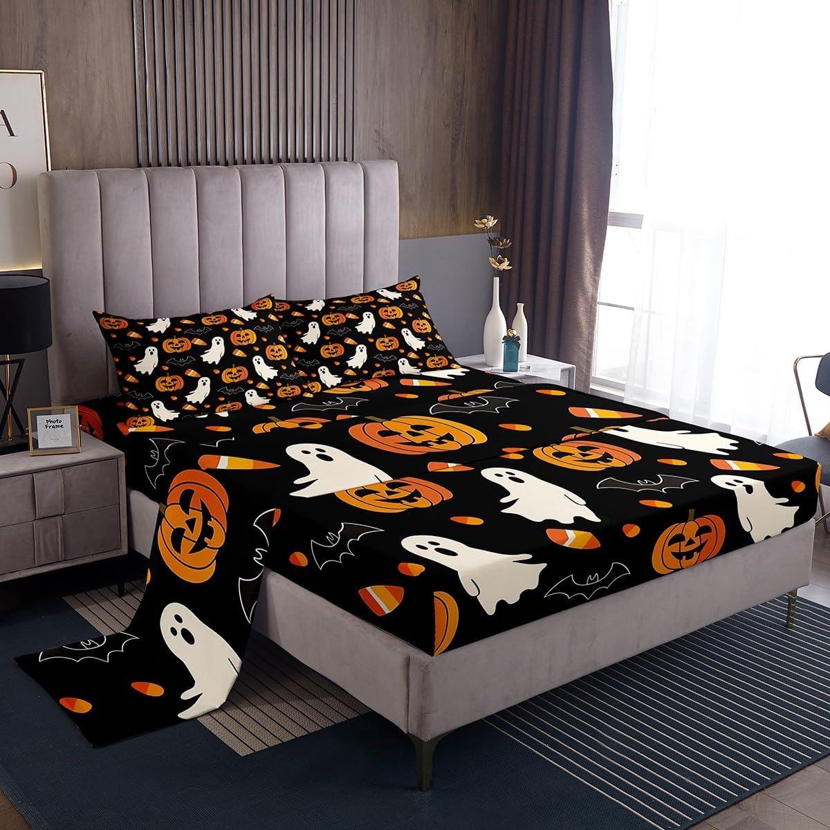 Feelyou Halloween Bed Sheets Set Full Size Pumpkins Bats Deep Pocket Fitted Sheet Cute Ghost Bedding Sets Candies Soft Bed Set 4Pcs with 2 Pillow Cases