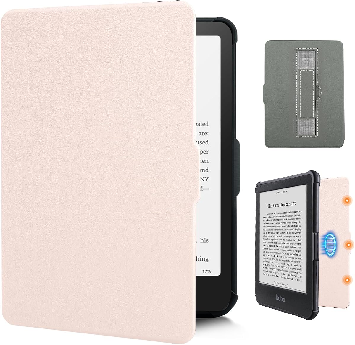 Hand Strap Case for Kobo Clara Colour/Clara BW /2E (Milky Pink, 6 inch) | Magnetic Back Cover, Auto Wake/Sleep, Lightweight Soft Back Case, PU Leather, for Kobo Clara Ereader, Avoid Wrist Fatigue