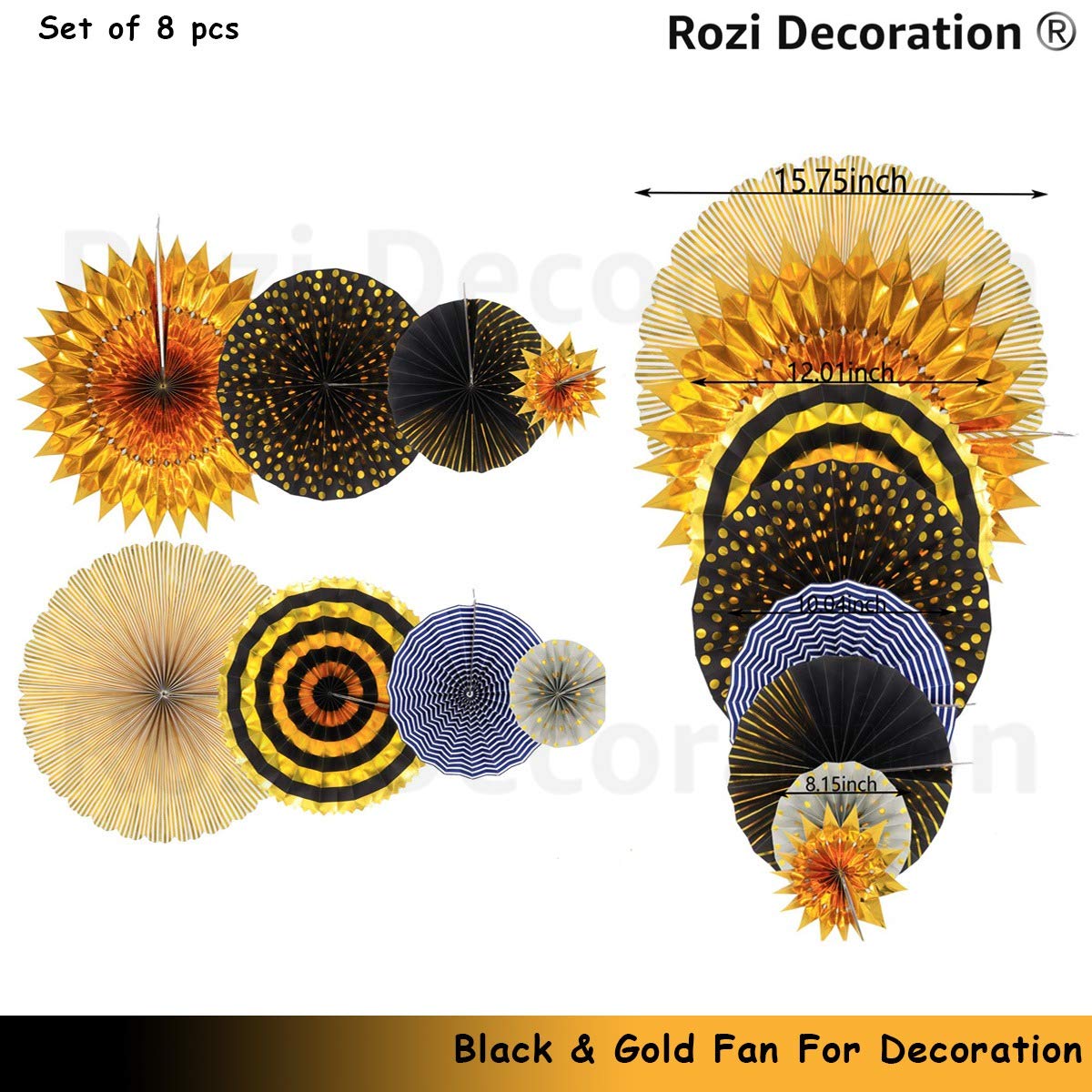Rozi Decoration Paper Fan for Birthday, Wedding, Anniversary, Bachlorette, Valentine Set of 8 (Black/Gold Theme)