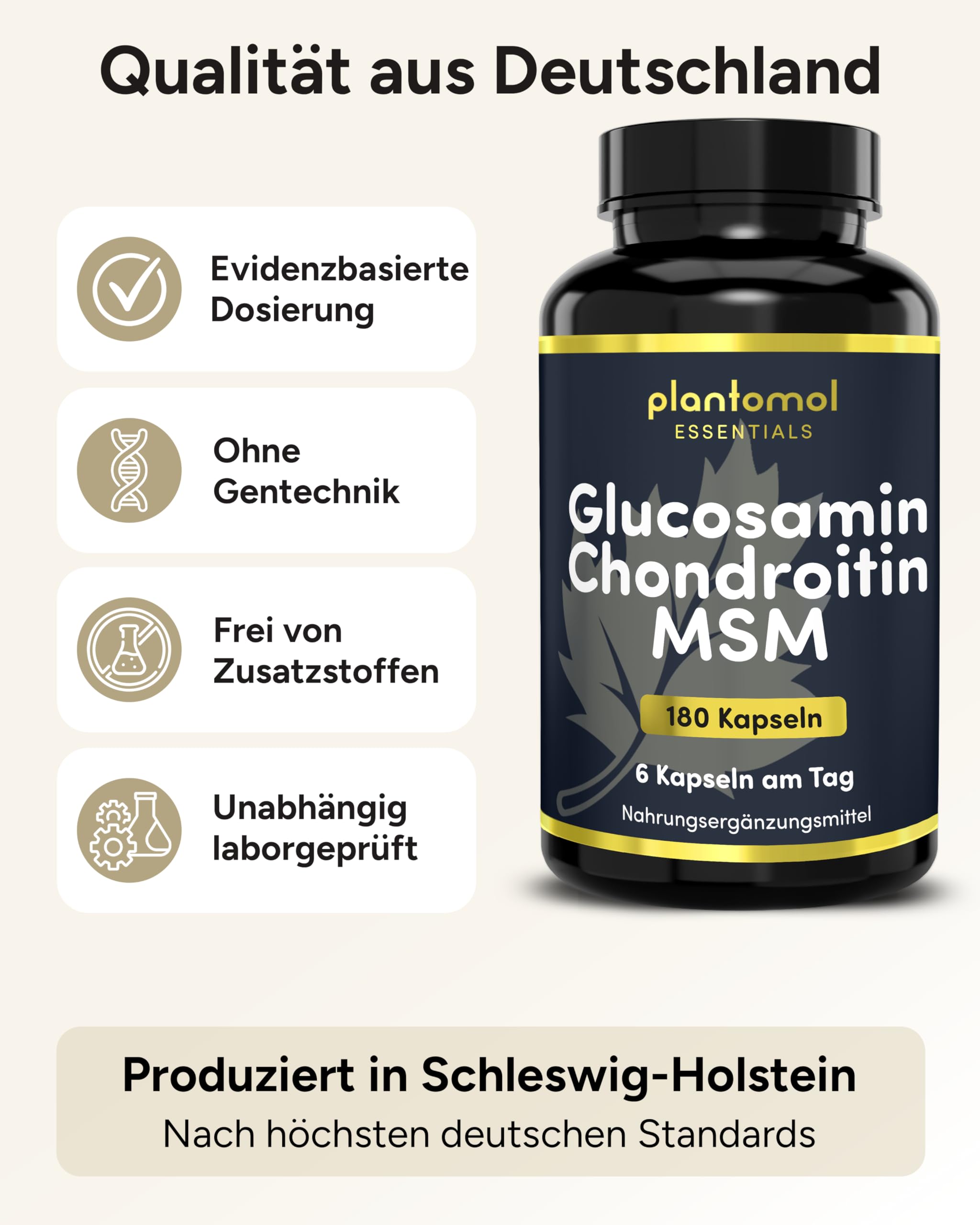 Glucosamin Chondroitin MSM Kapseln hochdosiert - Glucosaminsulfat 1500 mg mit 1200mg Chondroitinsulfat & 1800 MSM Methylsulfonylmethan Kapseln pro Tagesdosis - plantomol® Essentials