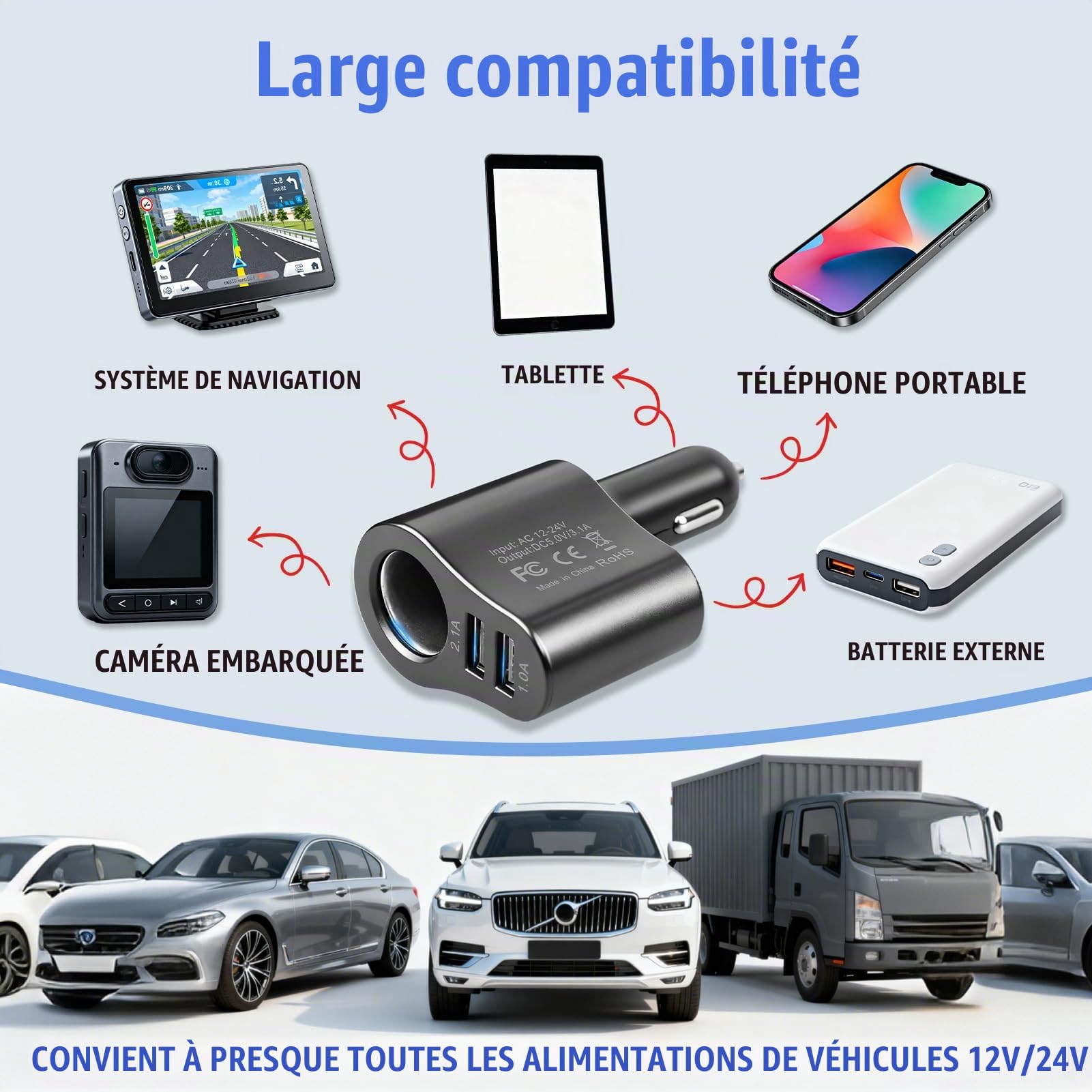 Chargeur Allume Cigare USB, 3 en 1 Chargeur Voiture 12V/24V 60W | Adaptateur Allume-Cigare Car Charger USB Type C Rapide 2.1A pour iphone 16 15 14 13 12 11 GalaxyS25 S24 GPS Dash Cam Tablette