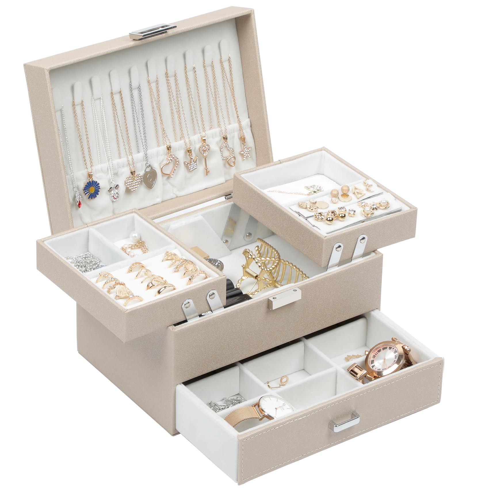 Portagioie Donna 3 Livelli In Pelle - Con Cassetto, Per Anelli, Collane, Orecchini (Champagne) - Foto 2