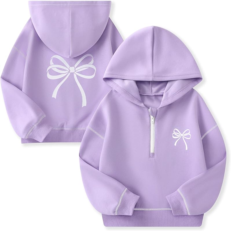 DISAUR Girls Hoodie Half Zip Pullover Sweatshirts Size 5-14 | School to weekends: Girls ages 5-14 enjoy soft stretch comfort; pair this bow half-zip hoodie with jeans or leggings