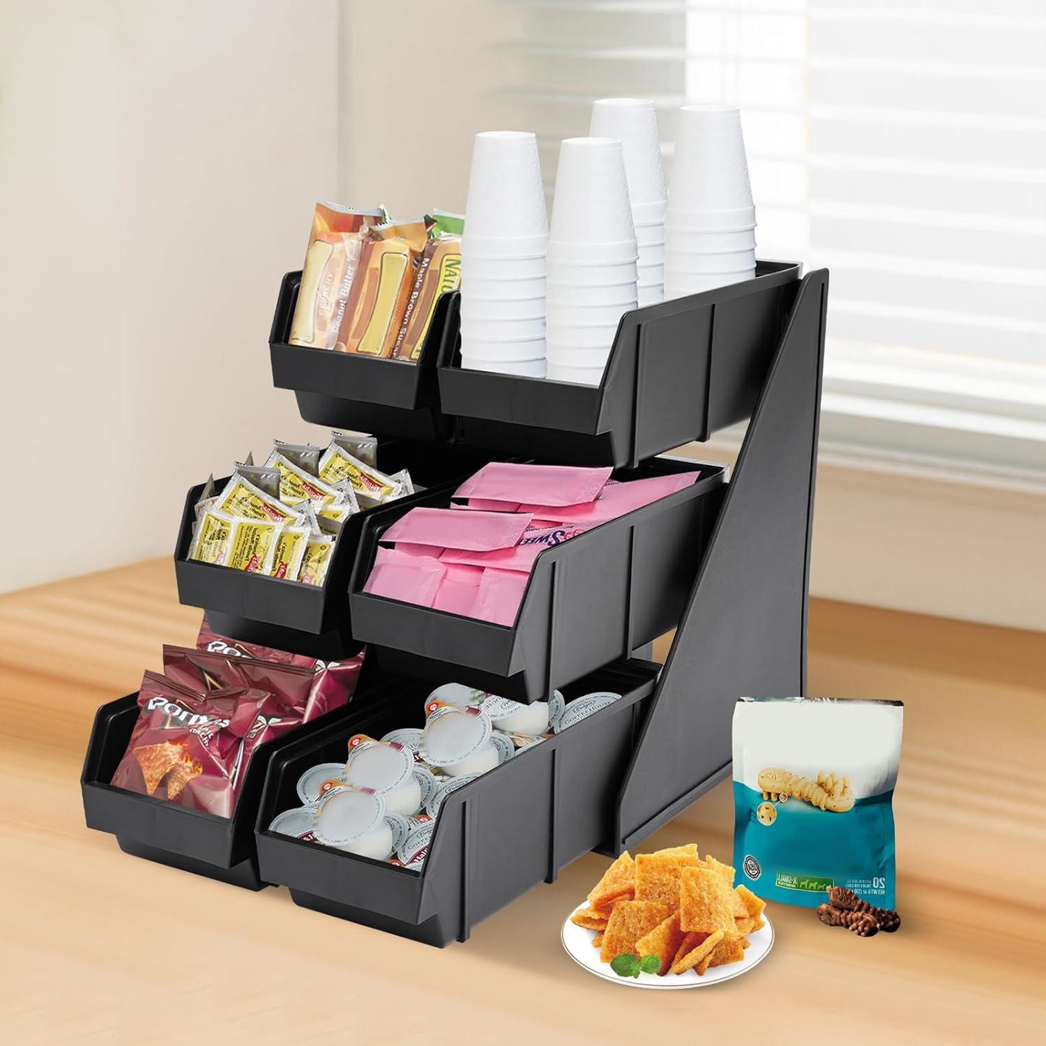 6-Compartment Condiment Organizer Bin - Lightweight 3-Tier Wall-Mountable & Countertop Storage for Bars, Cafés, Kitchens - Versatile Plastic Holder in Black