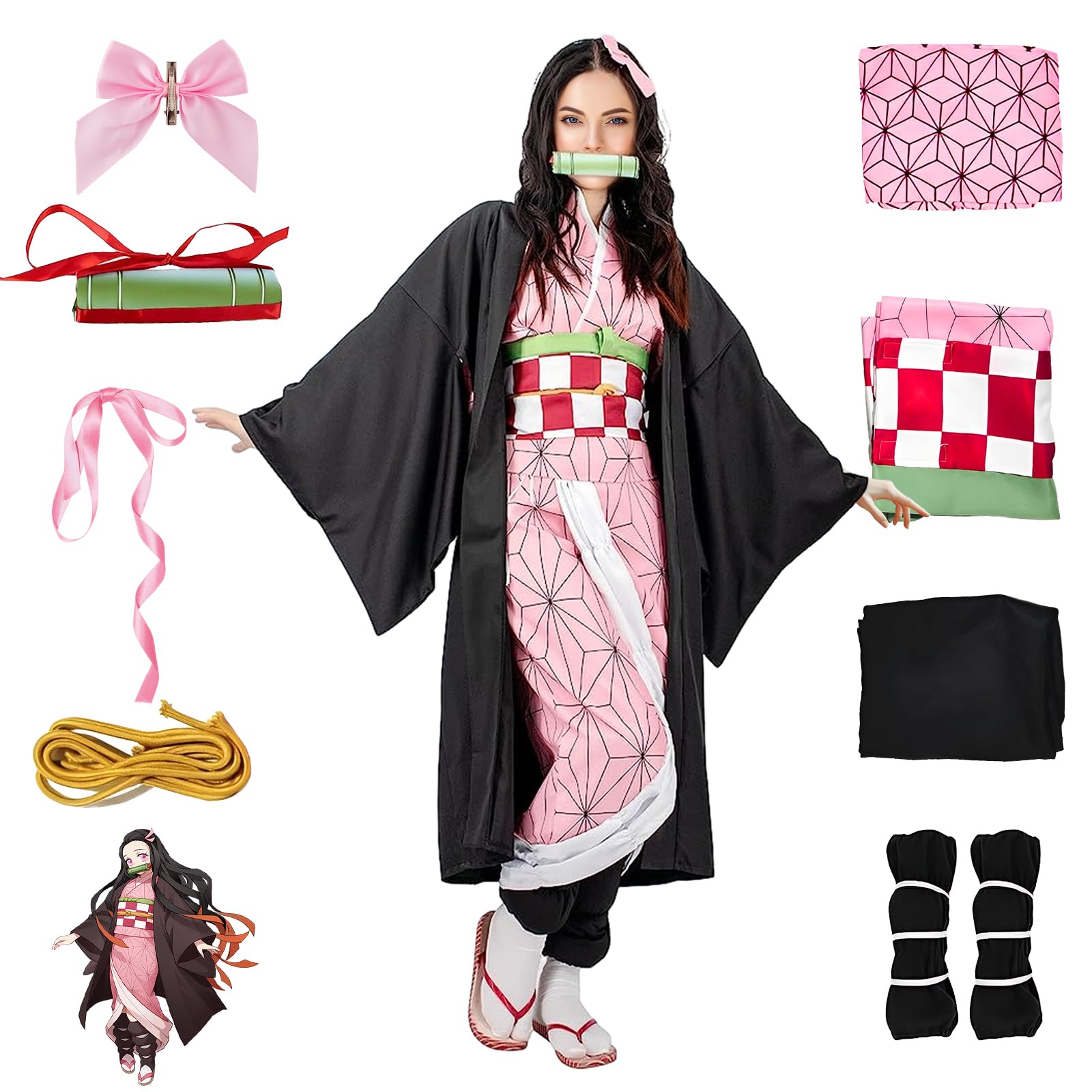 yumcute Nezuko Cosplay Costume Outfit with Accessories, Anime Cosplay Kimono for Girls Women, Halloween Carnival Party Costume — image 1