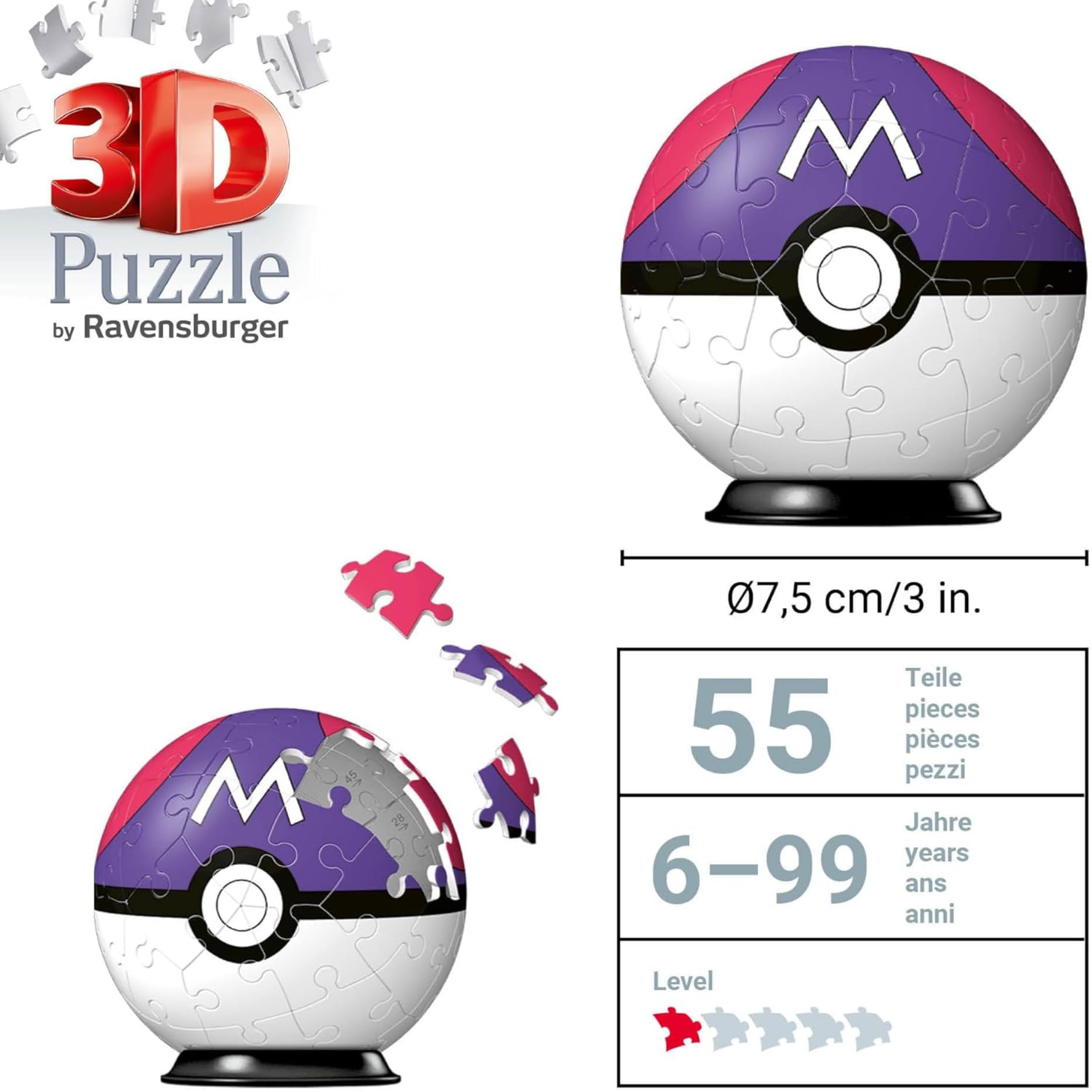 Ravensburger - Puzzle 3d Pokémon Masterball viola 54 pezzi, Puzzle 3d bambini 6 anni o più, Giochi bambini 6 anni, Collezione Pokemon, Giochi divertenti, Idee regalo
