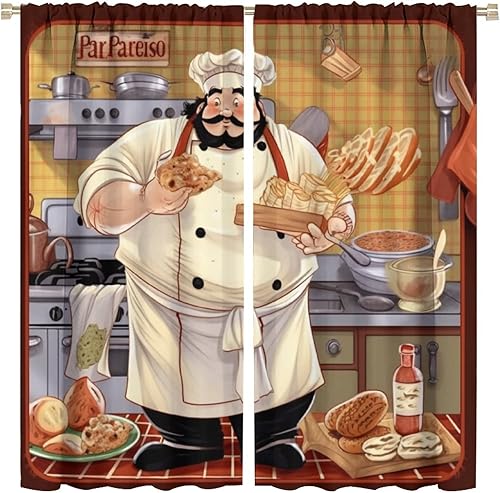Miniatura 44 de Cortina de decoración de cocina de chef, retro gourmet de dibujos animados, chef gordo de cocina, patrón de comida gourmet, decoración del hogar,