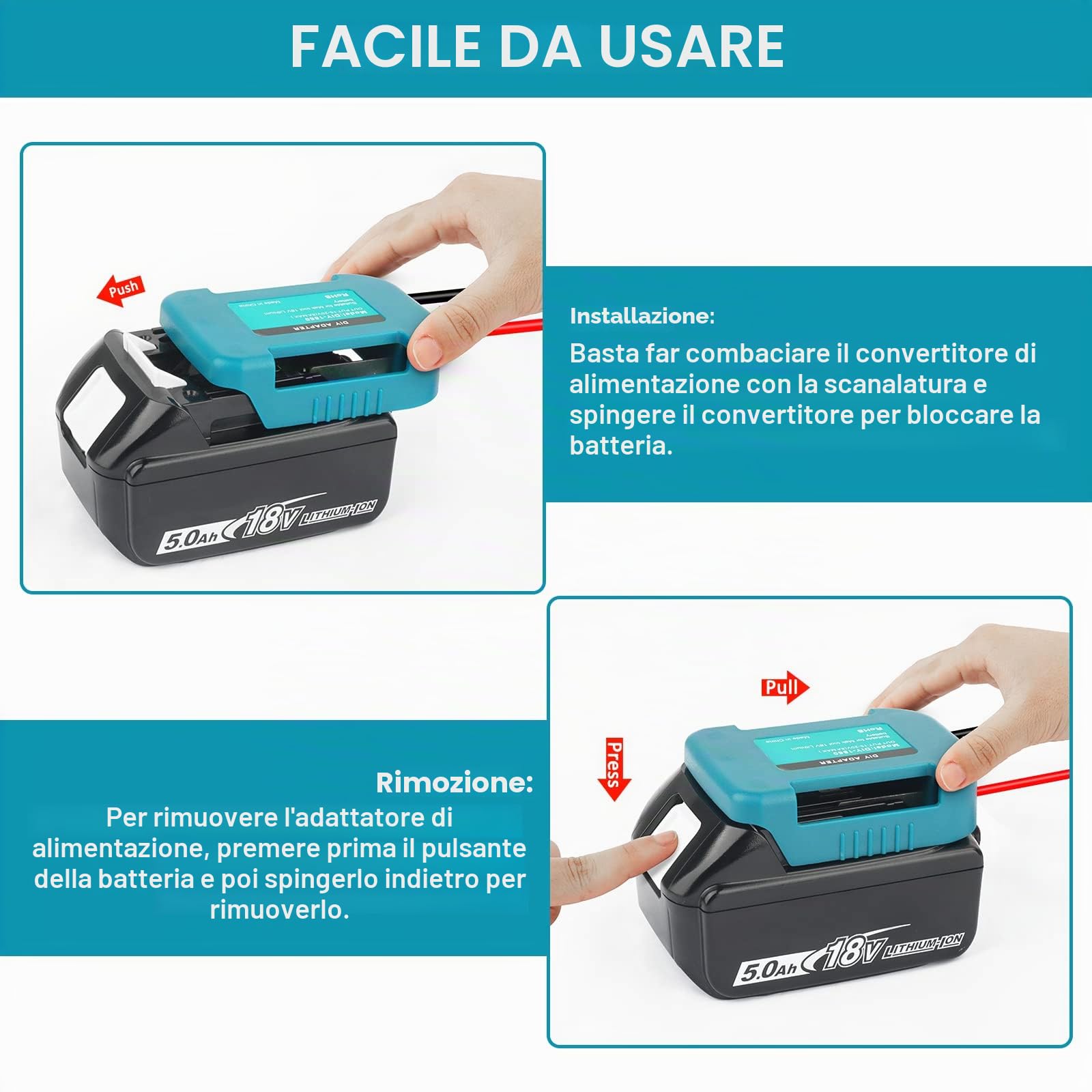 2 Pack QUPERR Adattatore per ruota di potenza con fusibile e interruttore, adattatore per batteria al litio Makita 18V, convertitore di potenza per luci da lavoro fai da te, giocattoli RC e robotica